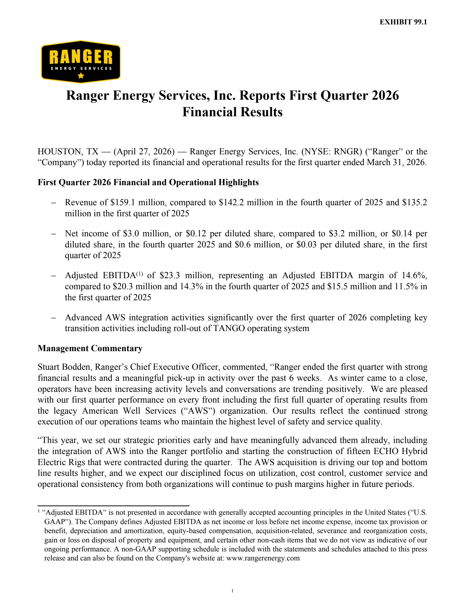 Ranger Energy Services' Q1 2026 Press Release