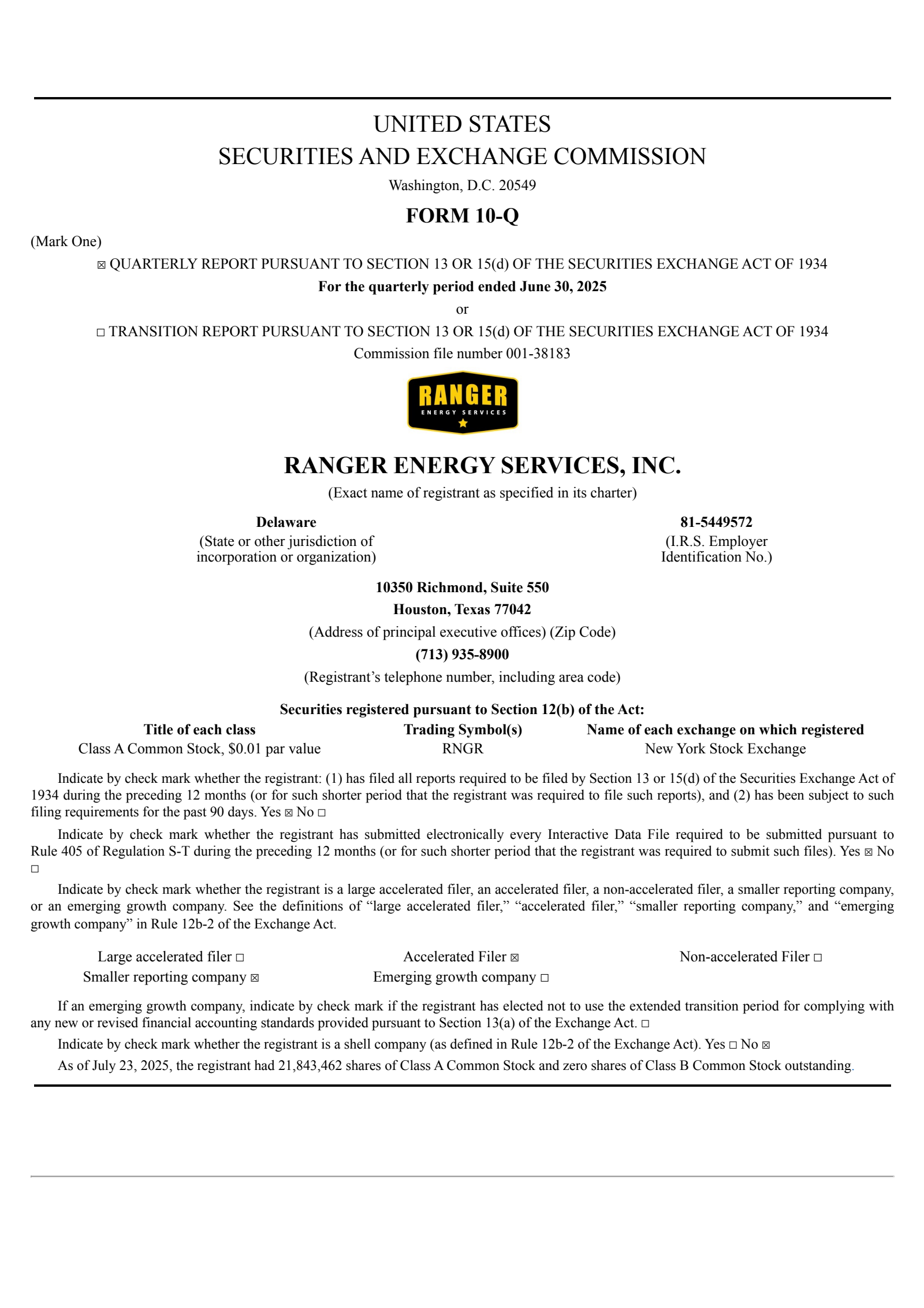 Ranger Energy Services' Q2 2025 Quarterly report
