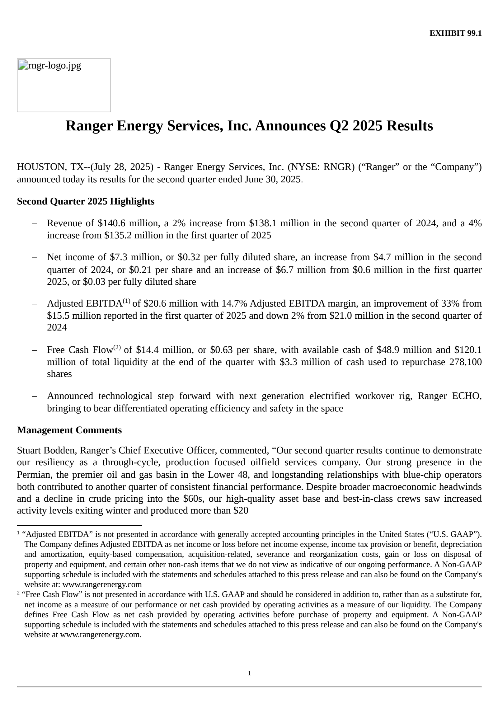 Ranger Energy Services' Q2 2025 Press Release