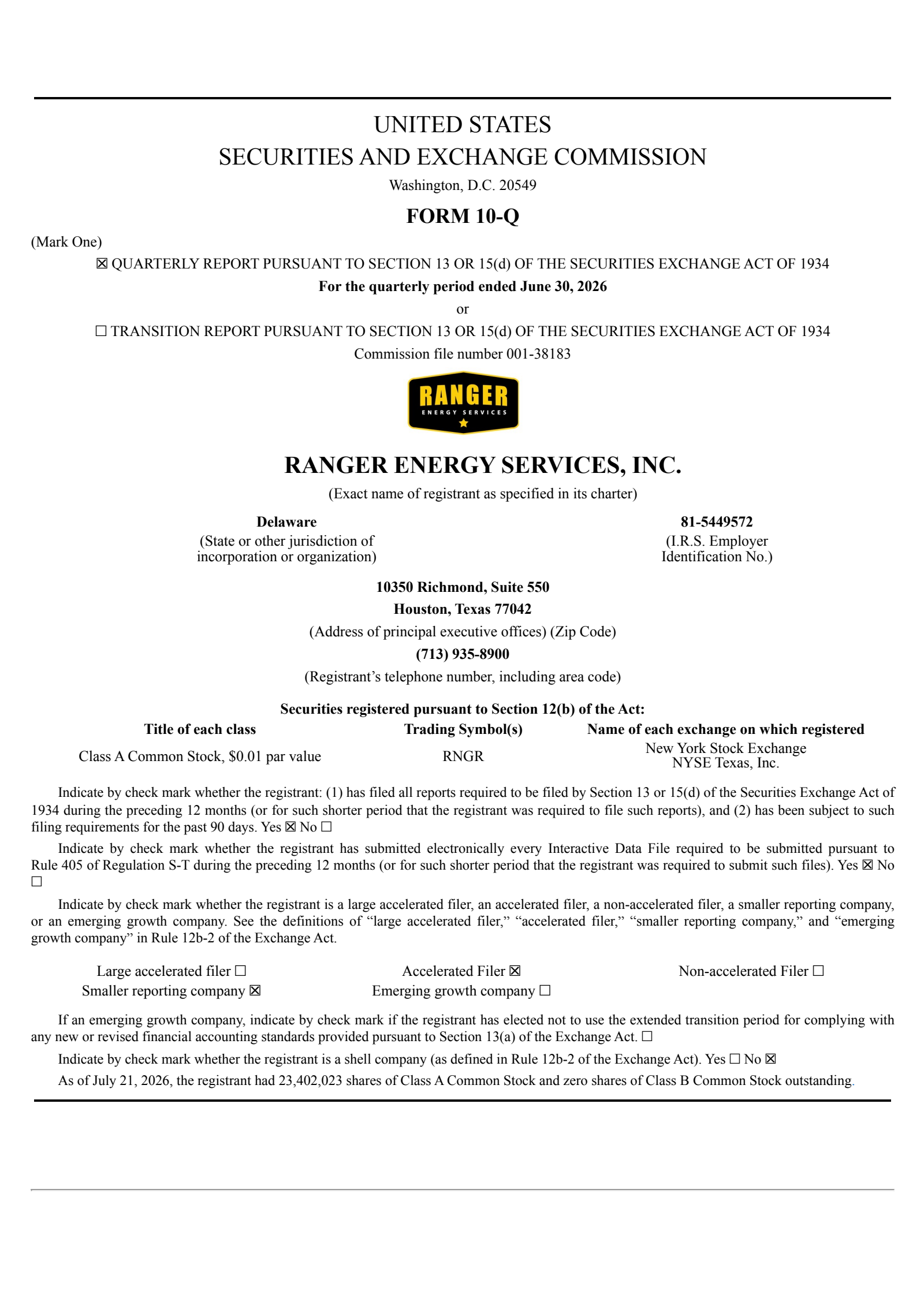 Ranger Energy Services' Q2 2026 Quarterly report