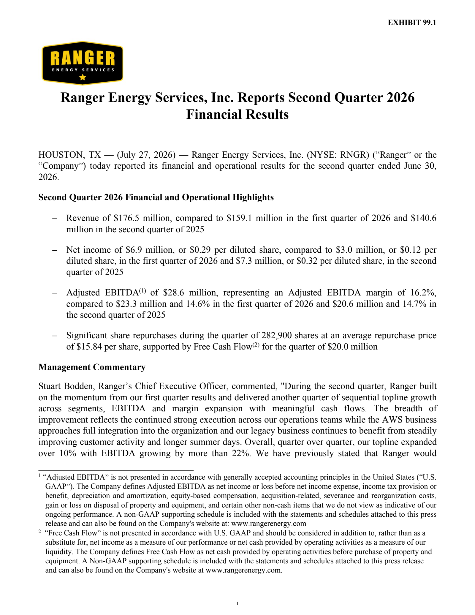 Ranger Energy Services' Q2 2026 Press Release