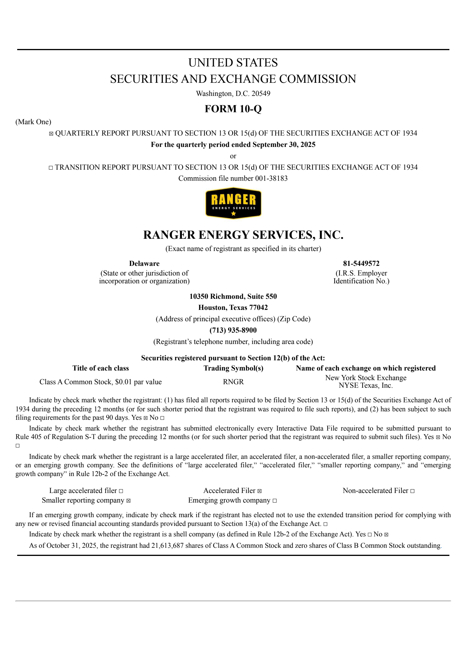 Ranger Energy Services' Q3 2025 Quarterly Report
