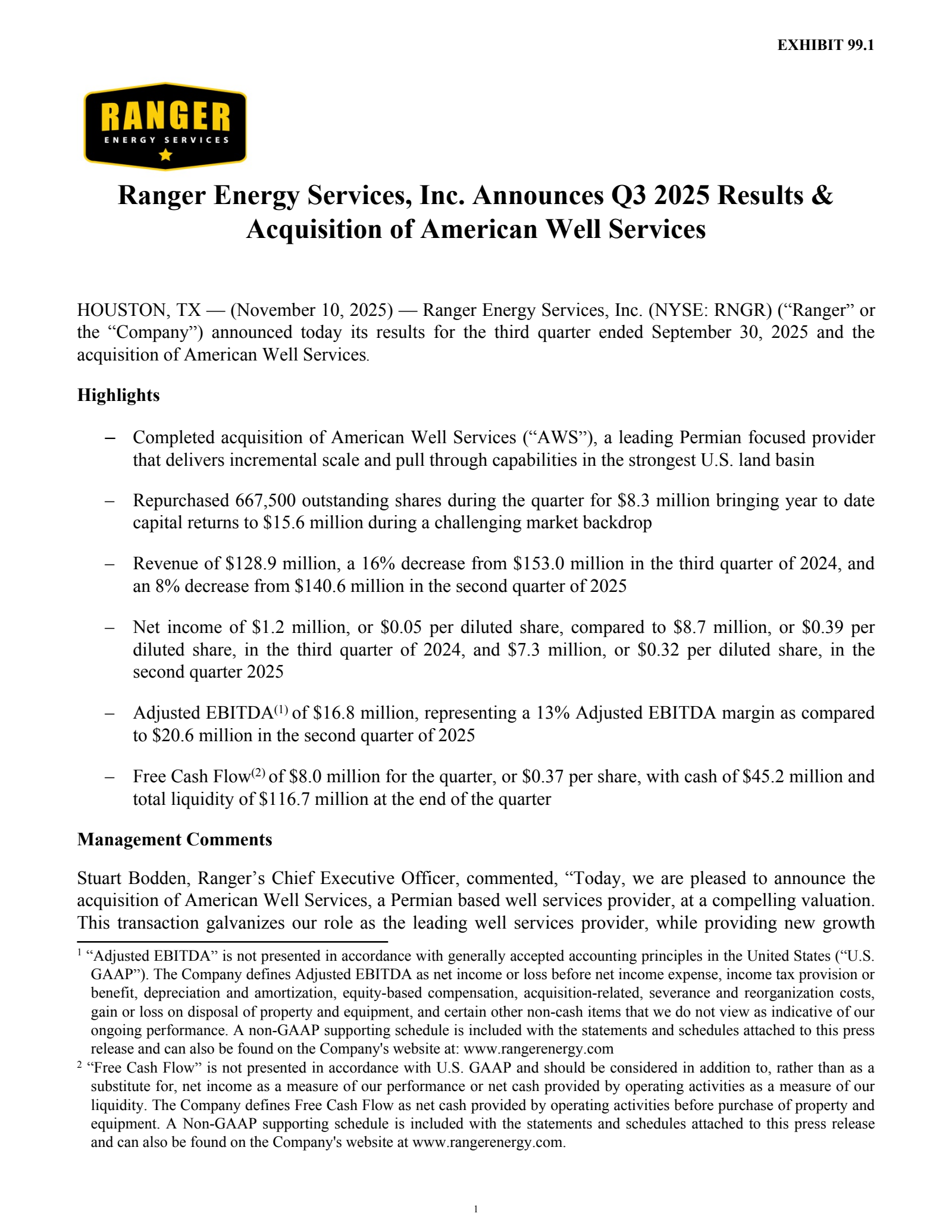 Ranger Energy Services' Q3 2025 Earnings Release