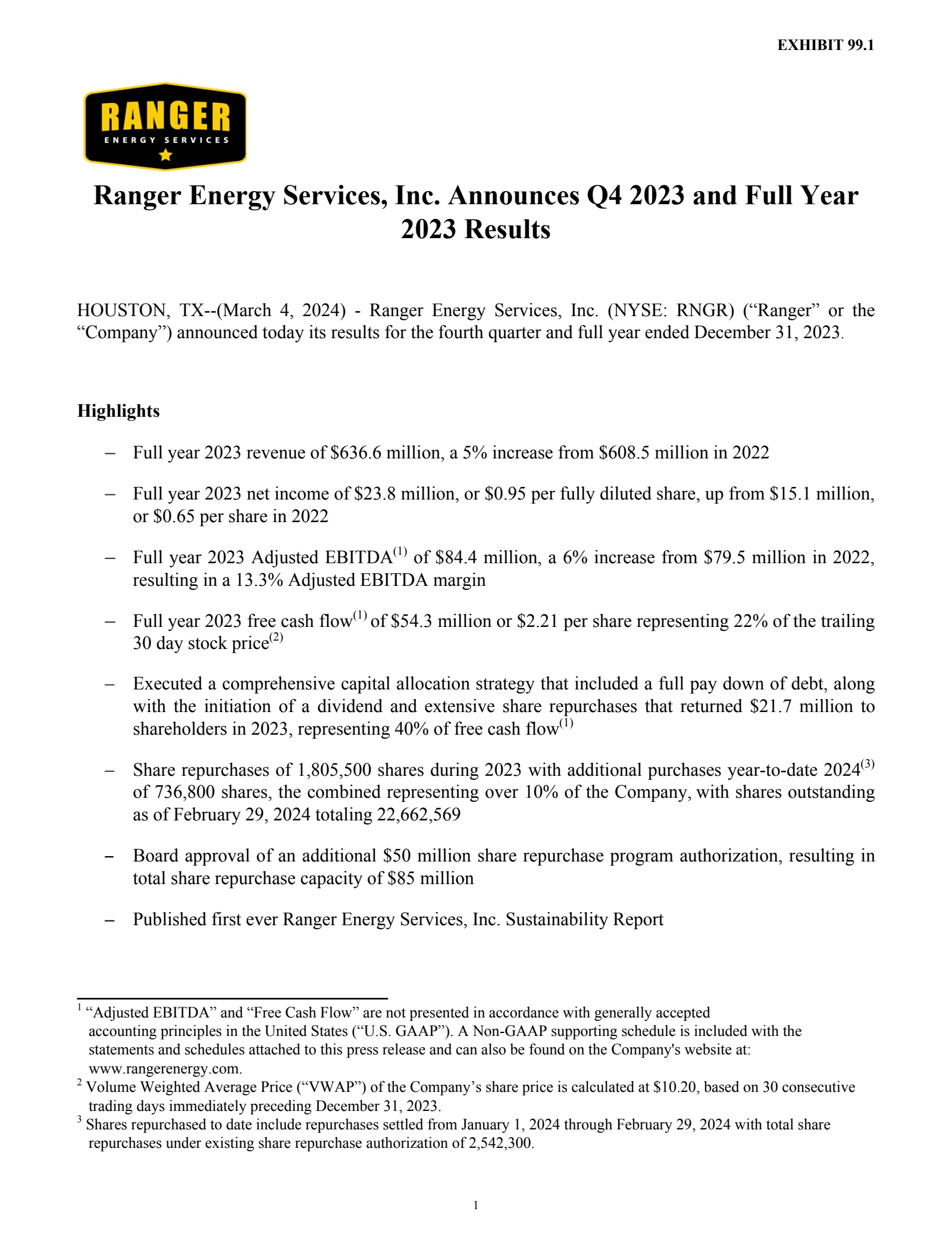 Ranger Energy Services' Q4 2023 Press Release