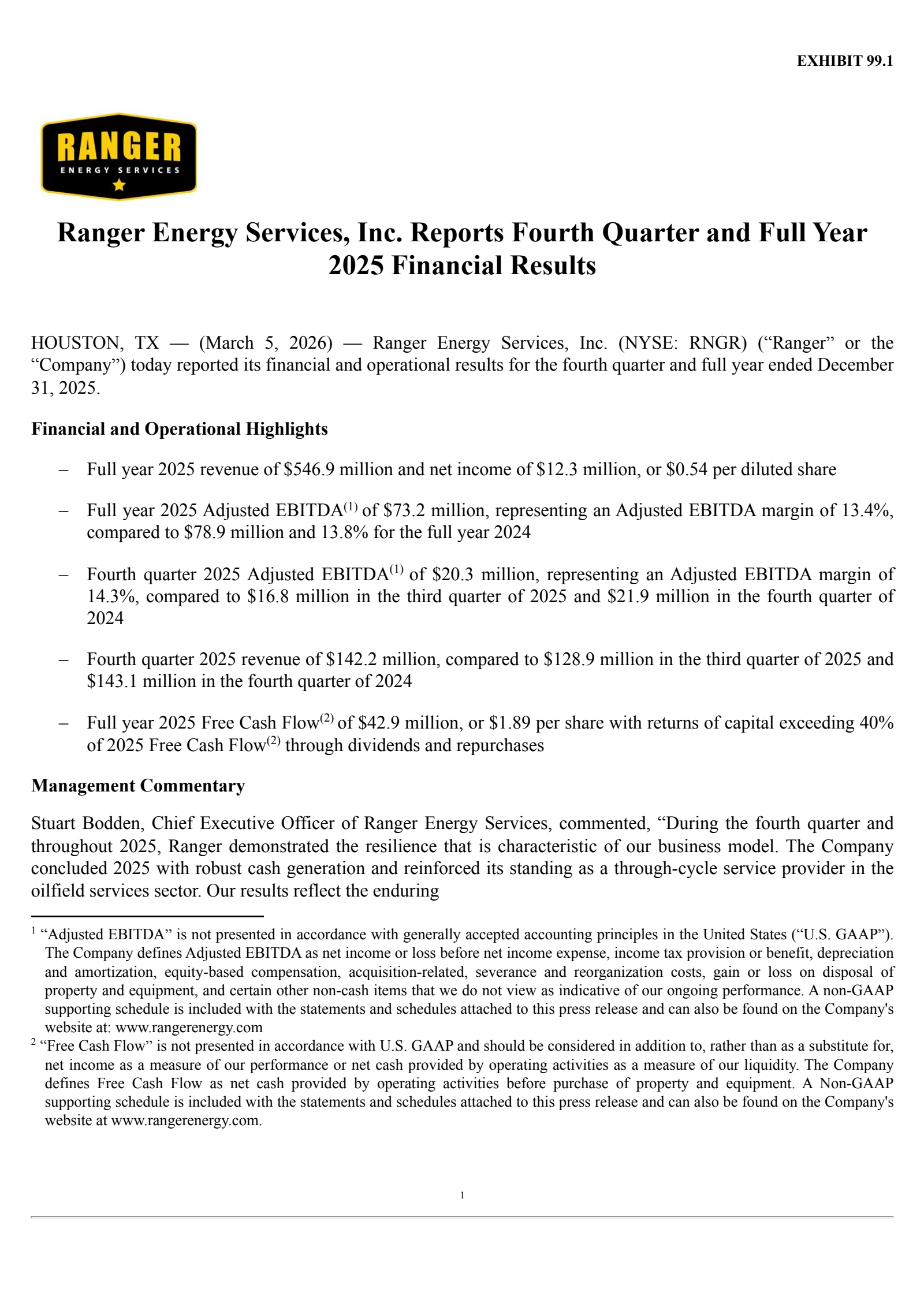 Ranger Energy Services' Q4 2025 Press Release