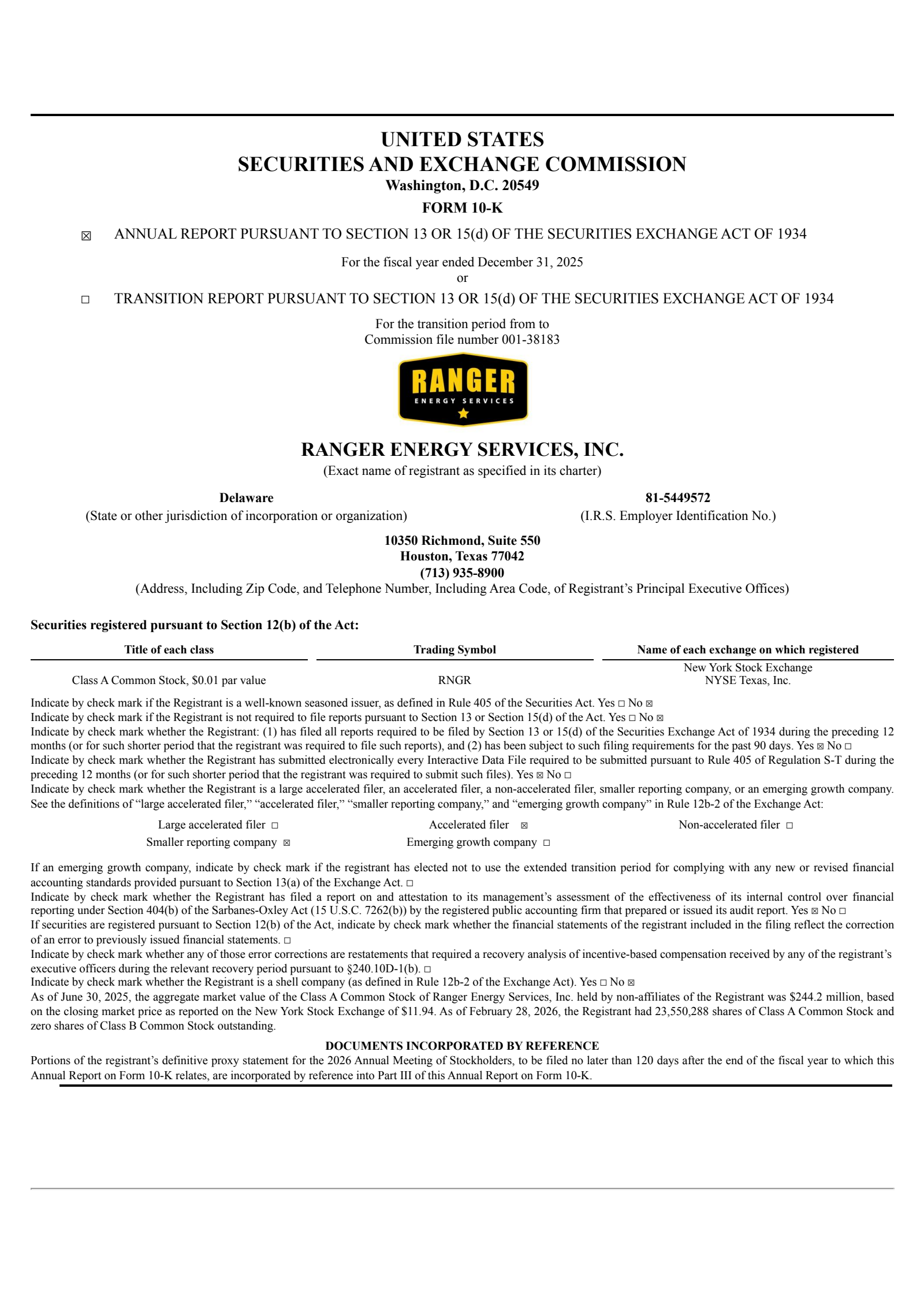 Ranger Energy Services' Q4 2025 Annual report