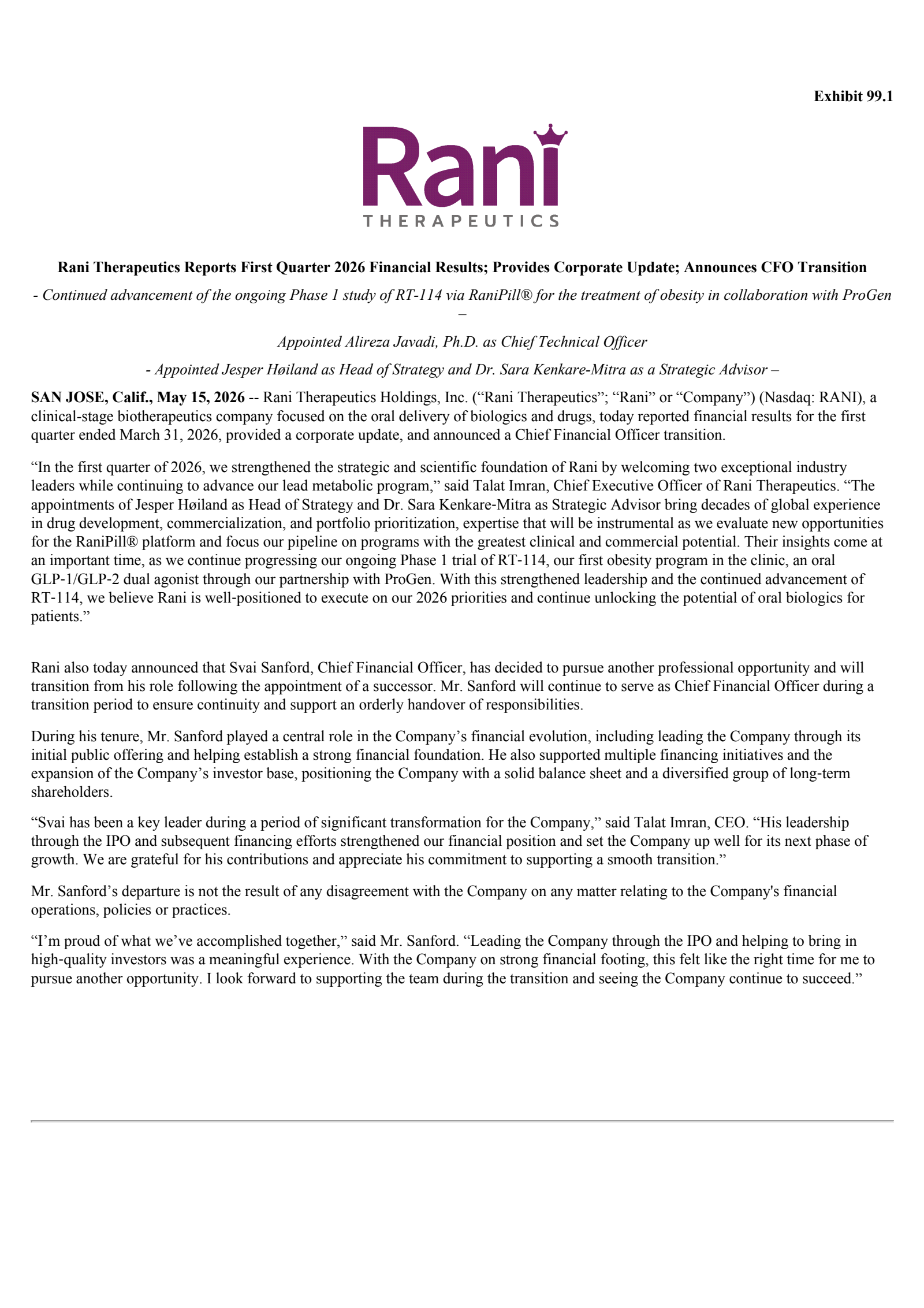 Rani Therapeutics' Q1 2026 Press Release