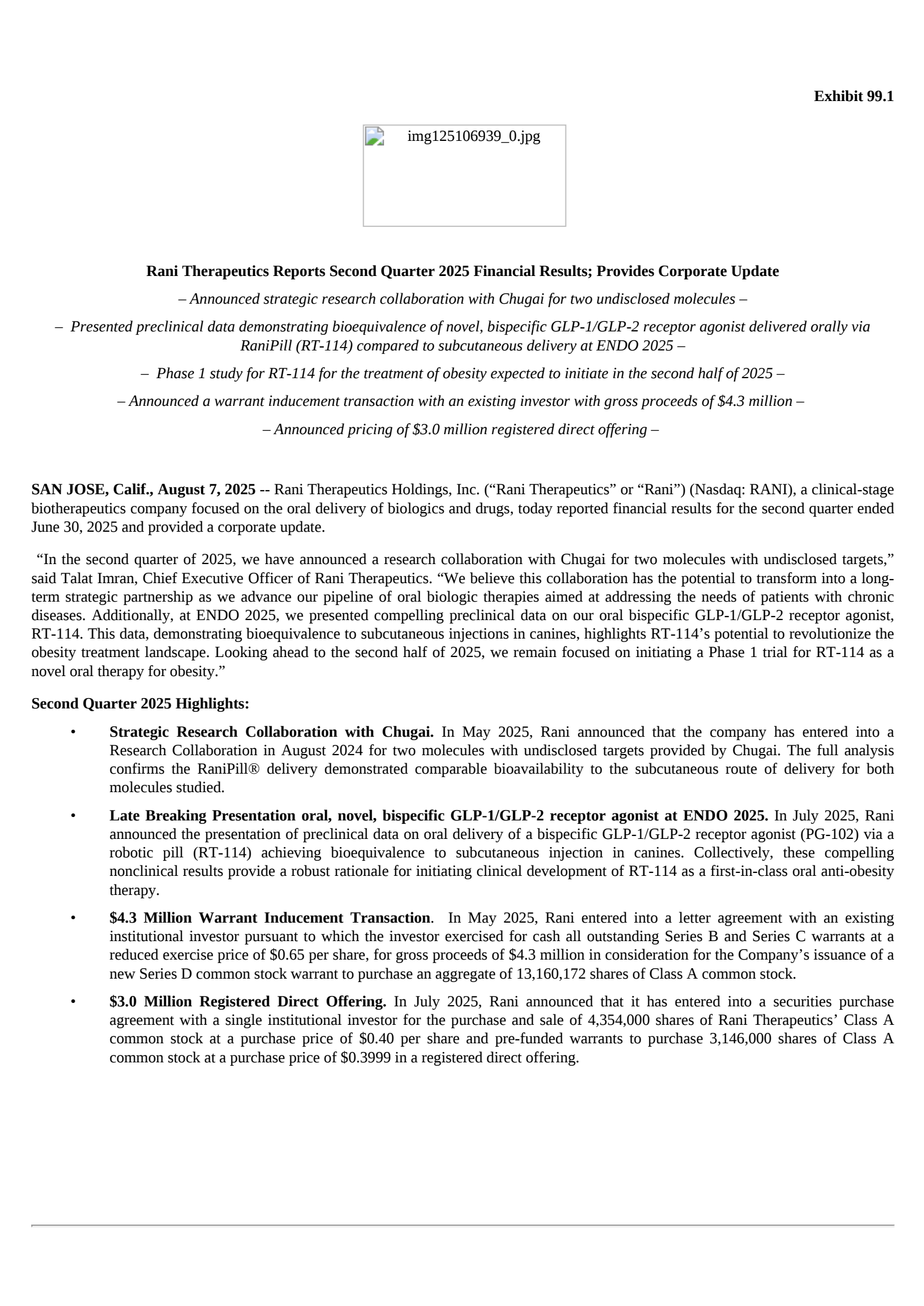 Rani Therapeutics' Q2 2025 Press Release