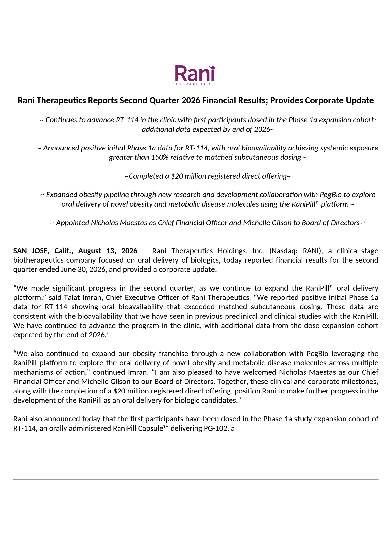 Rani Therapeutics' Q2 2026 Press Release