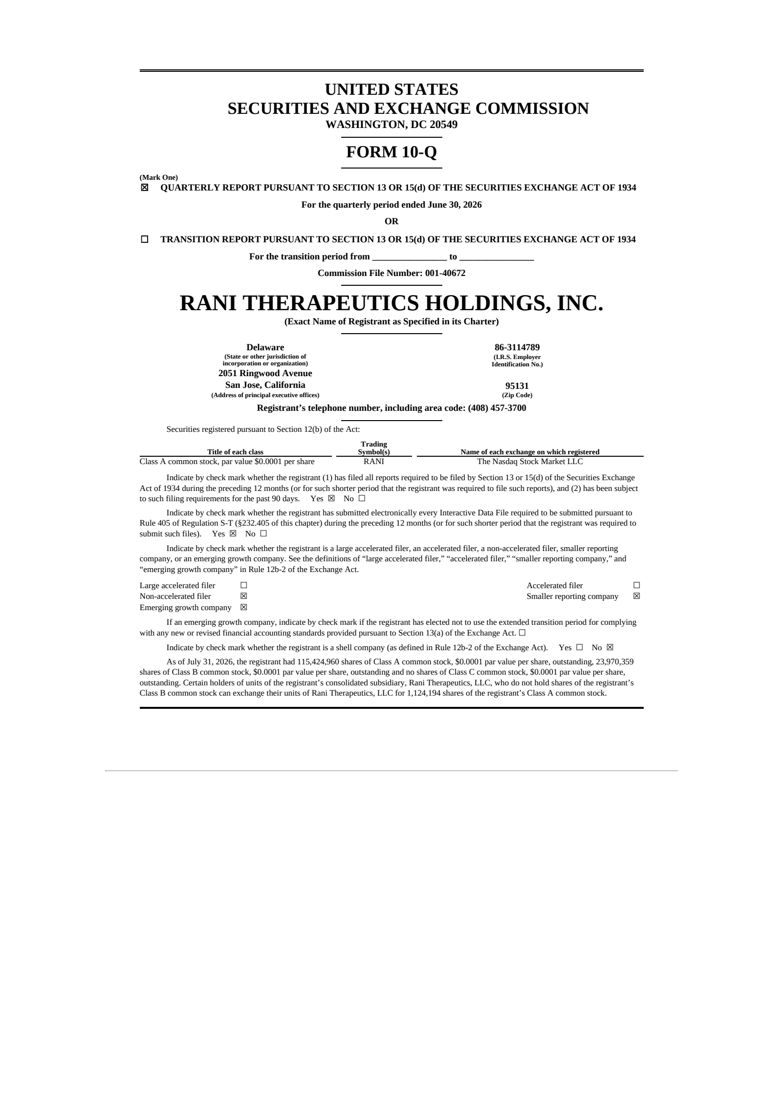 Rani Therapeutics' Q2 2026 Quarterly report