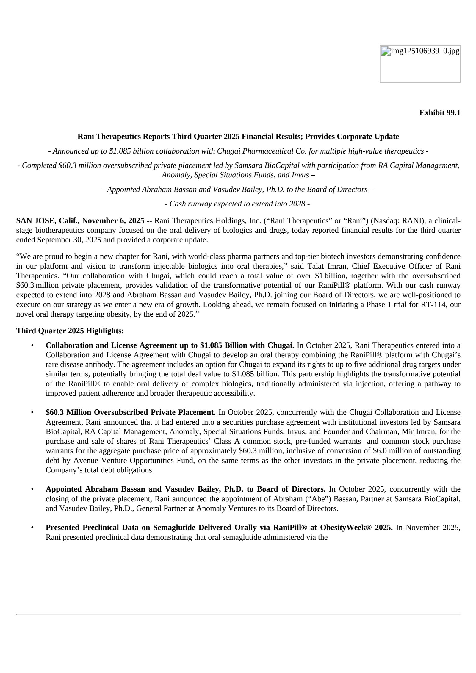 Rani Therapeutics' Q3 2025 Earnings Release
