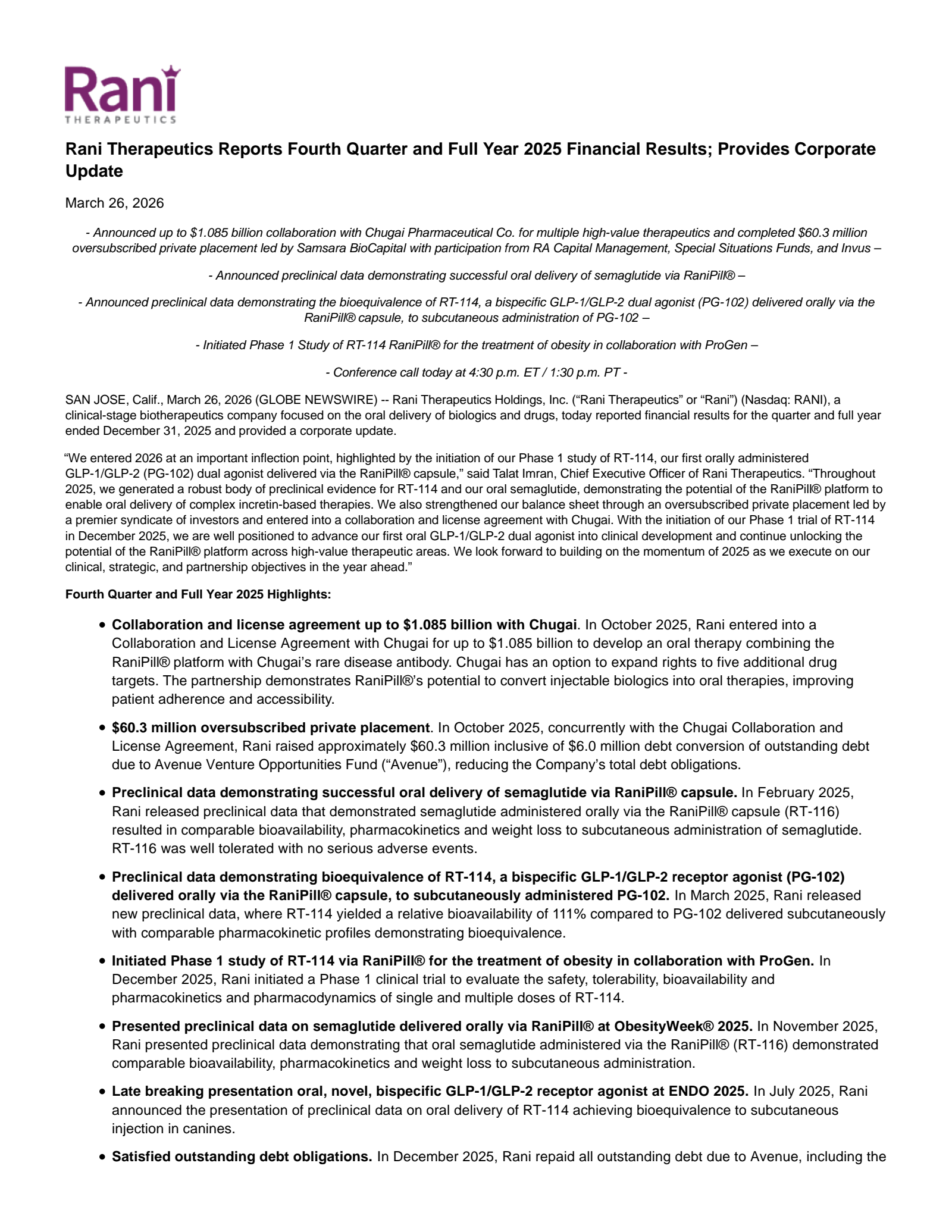 Rani Therapeutics' Q4 2025 Press Release