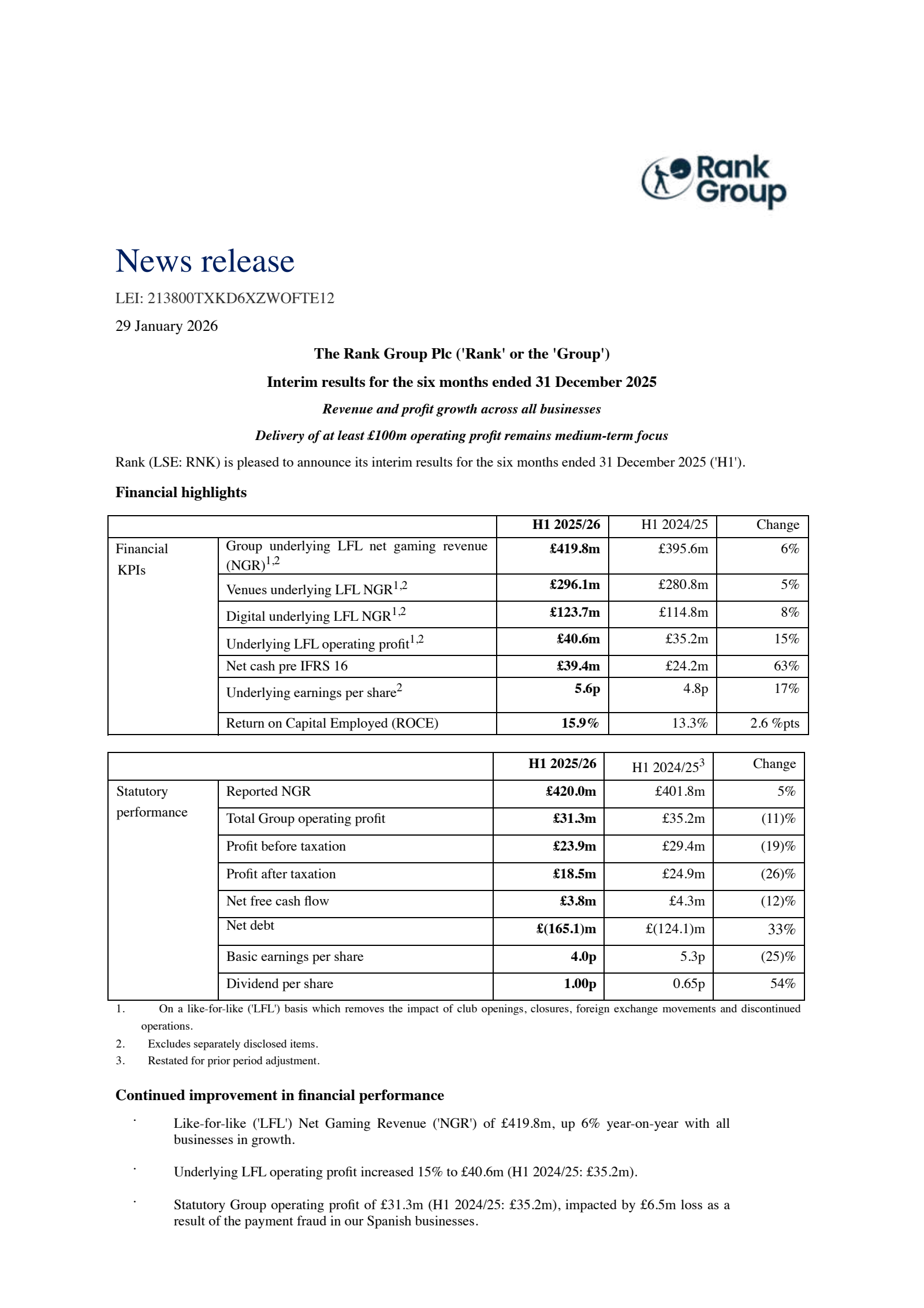 The Rank Group's H1 2026 Interim report