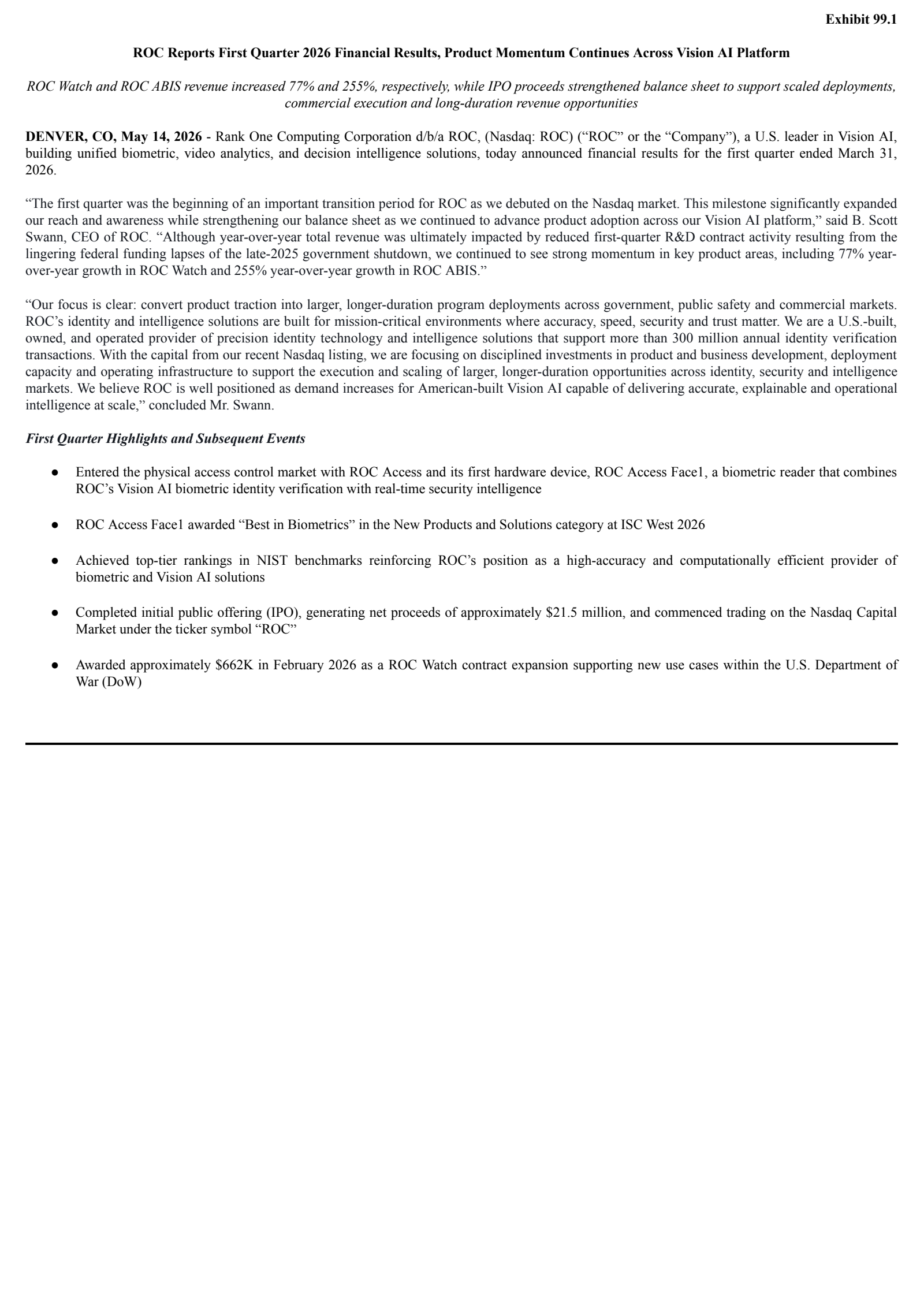 Rank One Computing's Q1 2026 Press Release