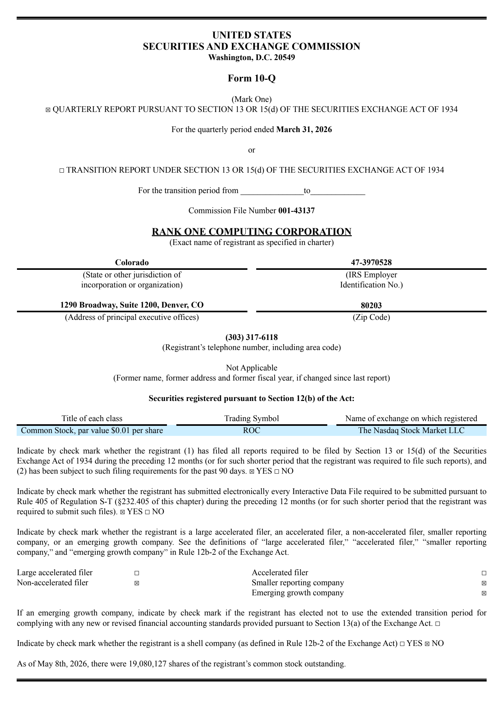 Rank One Computing's Q1 2026 Quarterly report