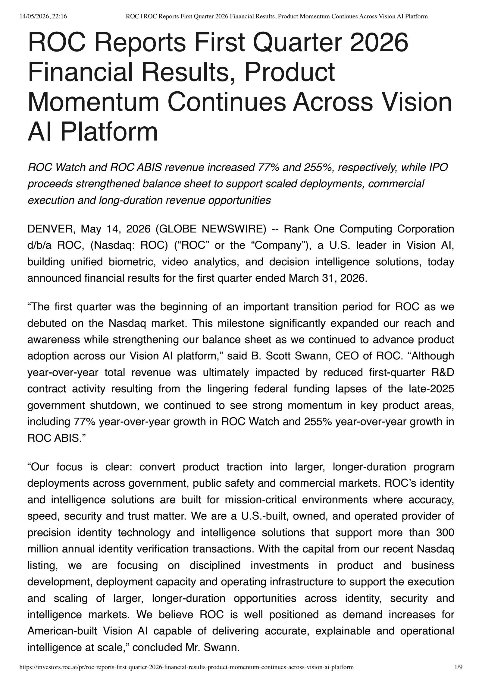 Rank One Computing's Q1 2026 Press Release