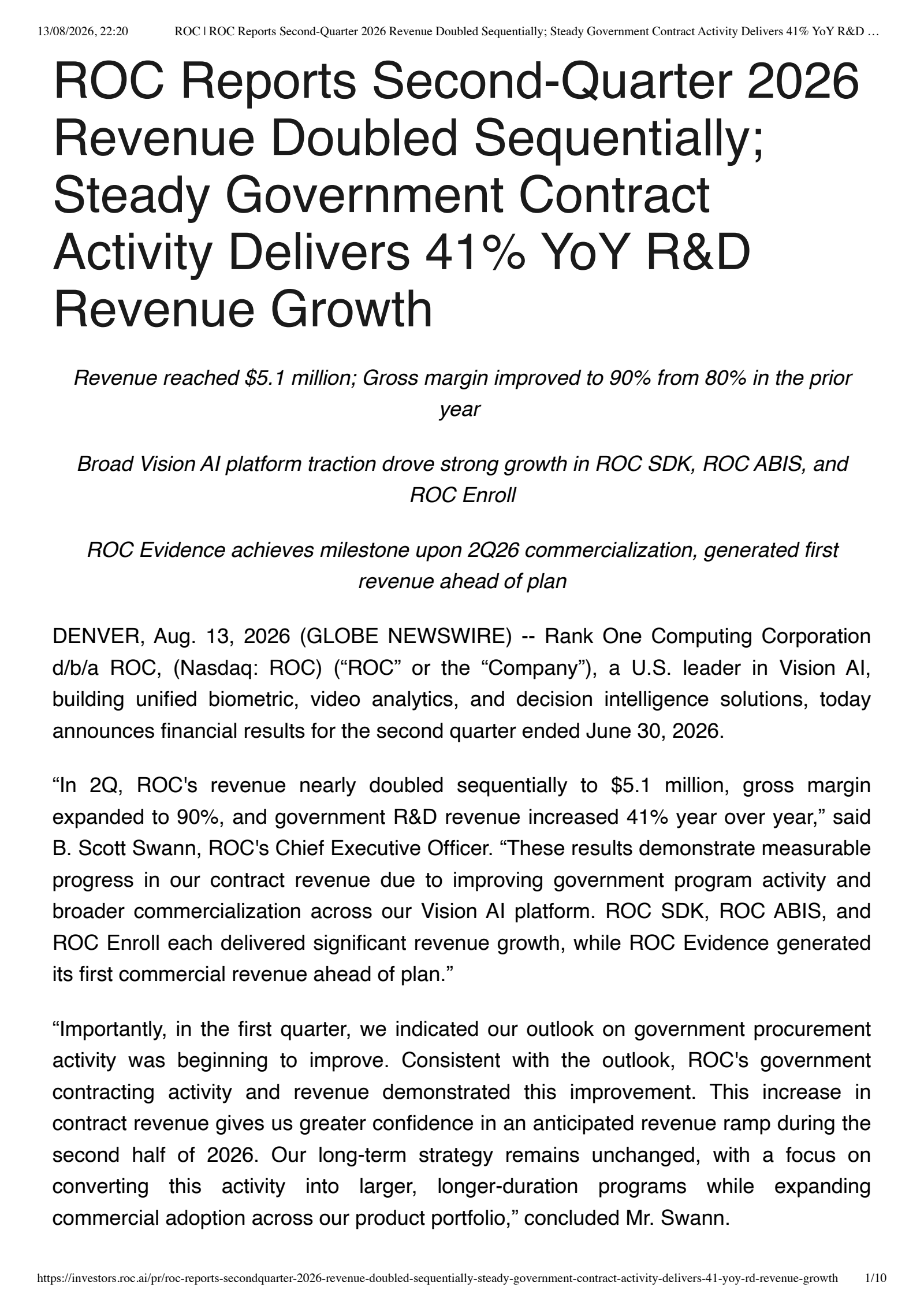 Rank One Computing's Q2 2026 Press Release