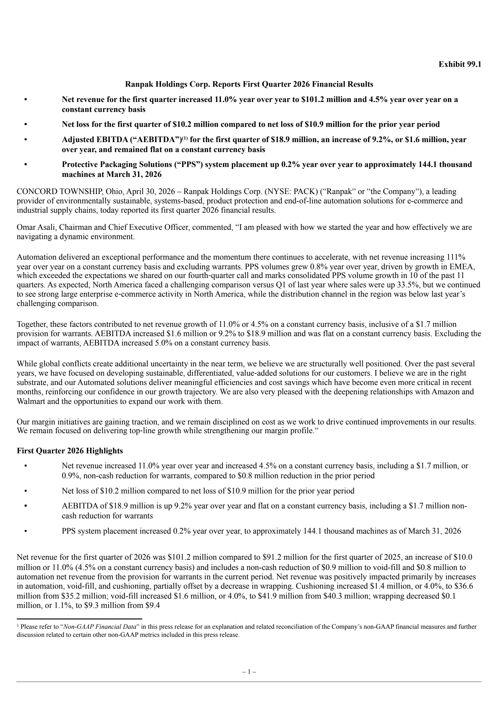 Ranpak's Q1 2026 Press Release