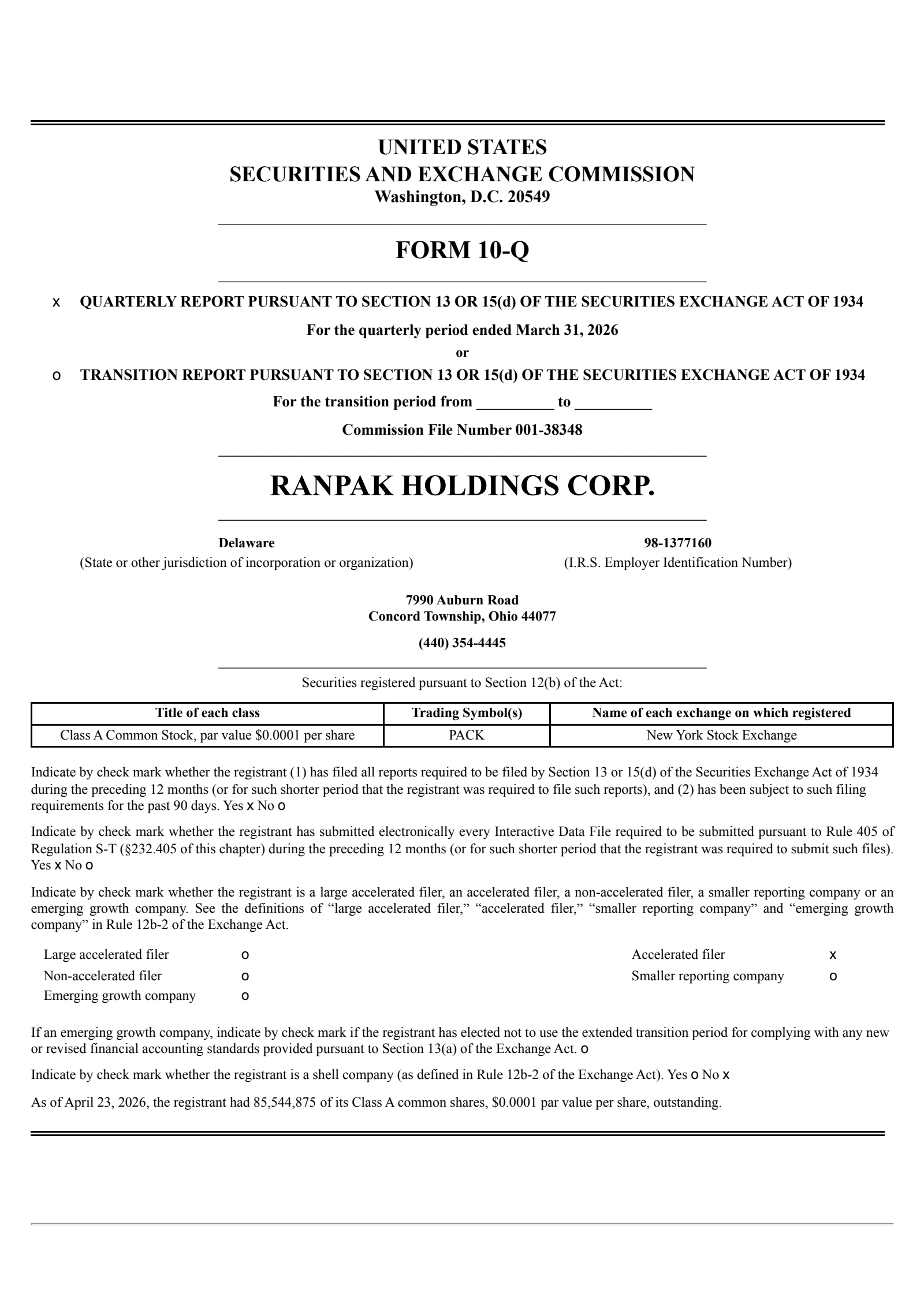 Ranpak's Q1 2026 Quarterly report
