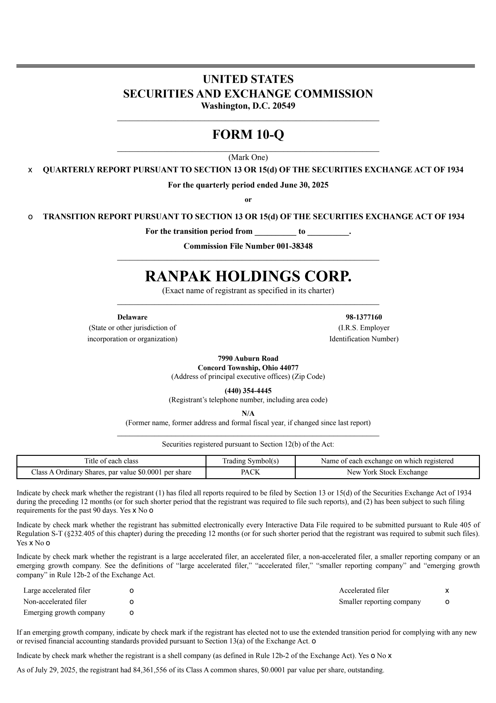 Ranpak's Q2 2025 Quarterly report
