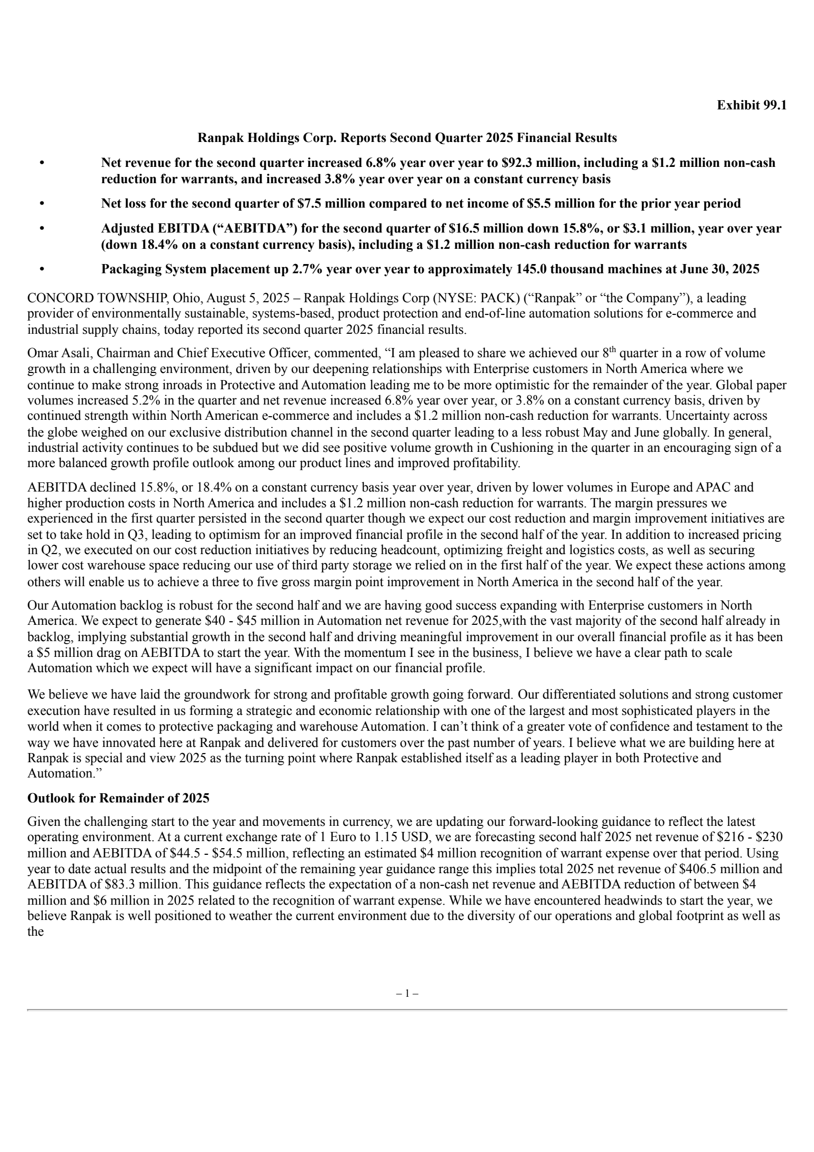 Ranpak's Q2 2025 Press Release