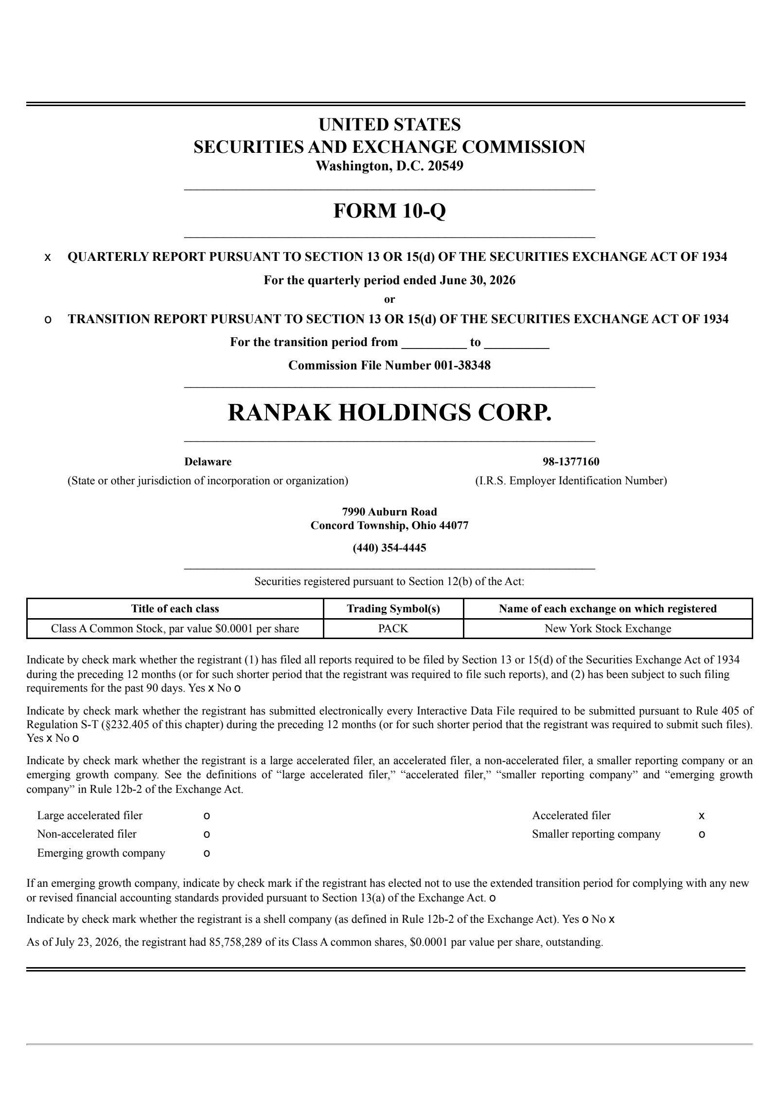Ranpak's Q2 2026 Quarterly report