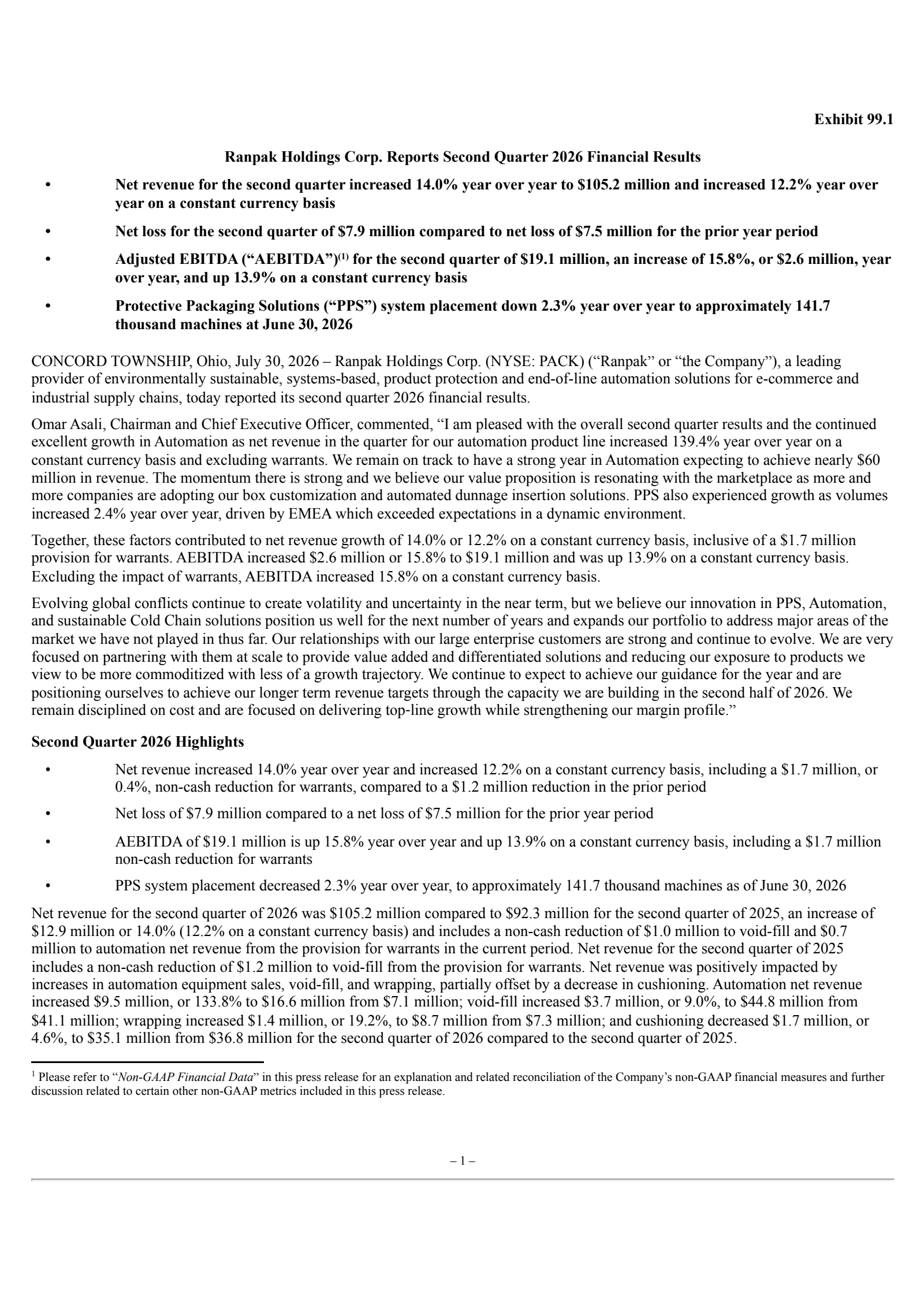 Ranpak's Q2 2026 Press Release