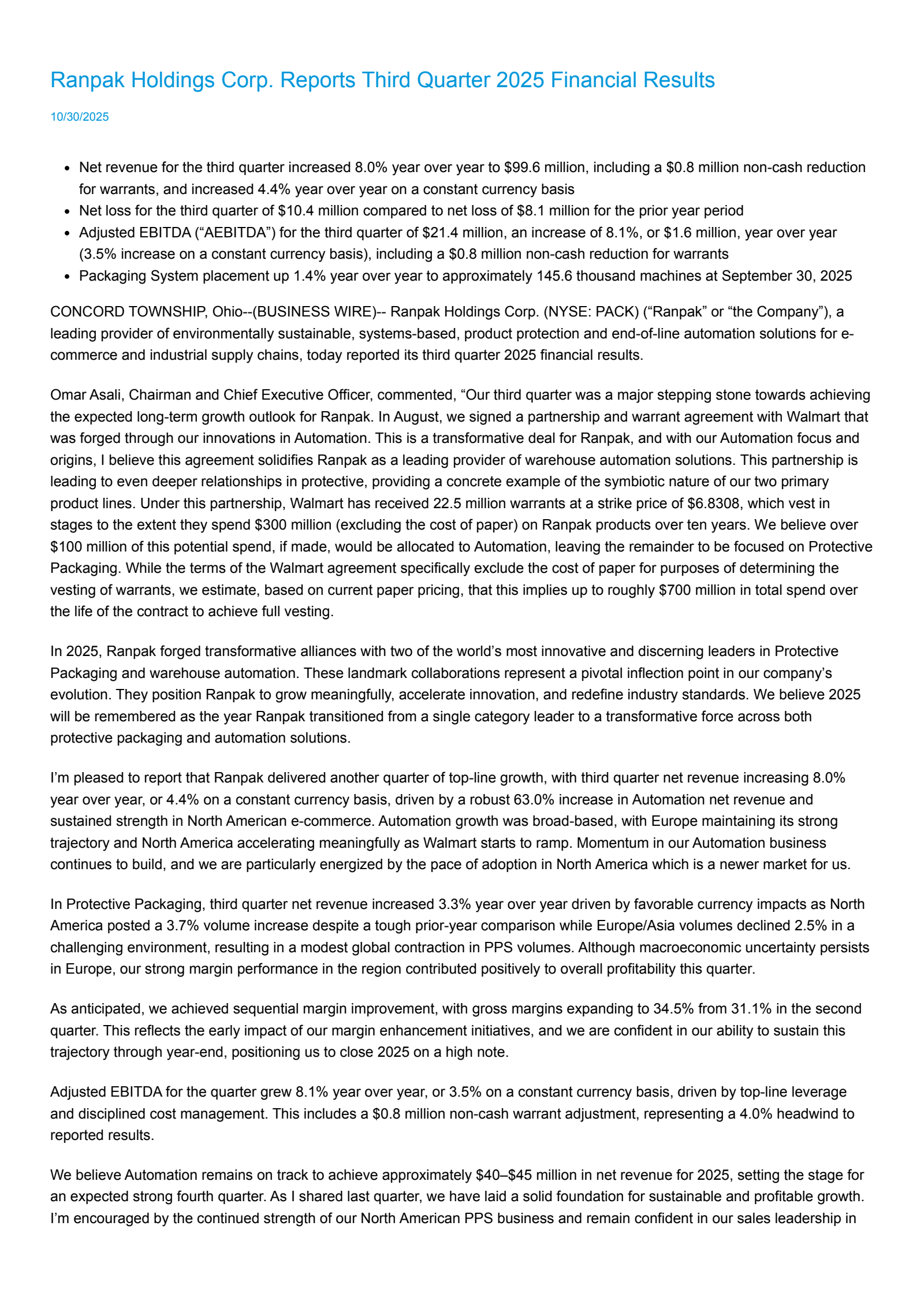 Ranpak's Q3 2025 Earnings Release