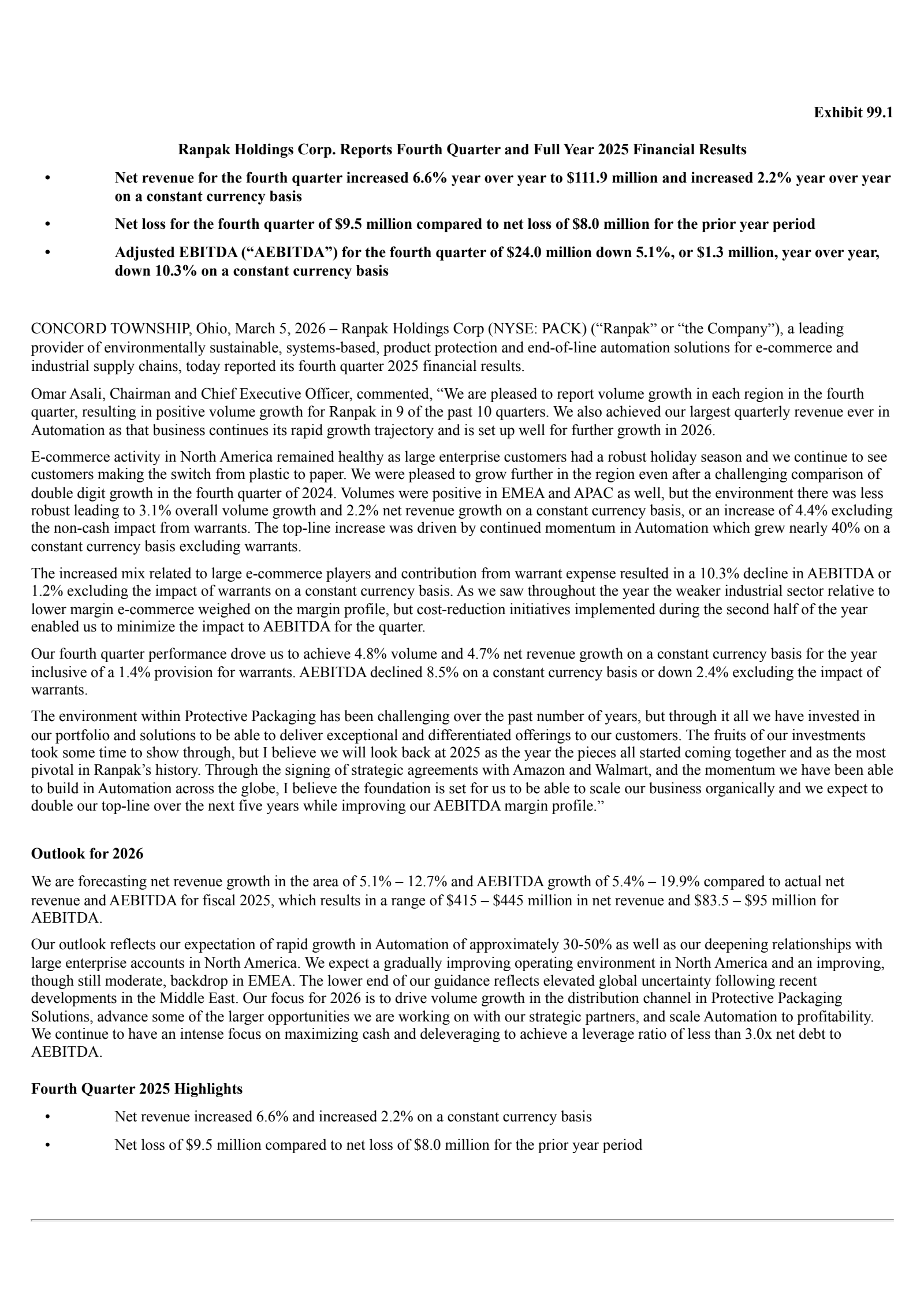 Ranpak's Q4 2025 Press Release