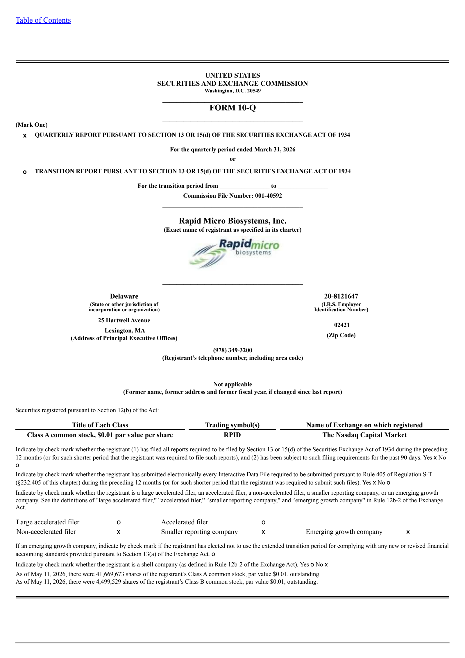Rapid Micro Biosystems' Q1 2026 Quarterly report