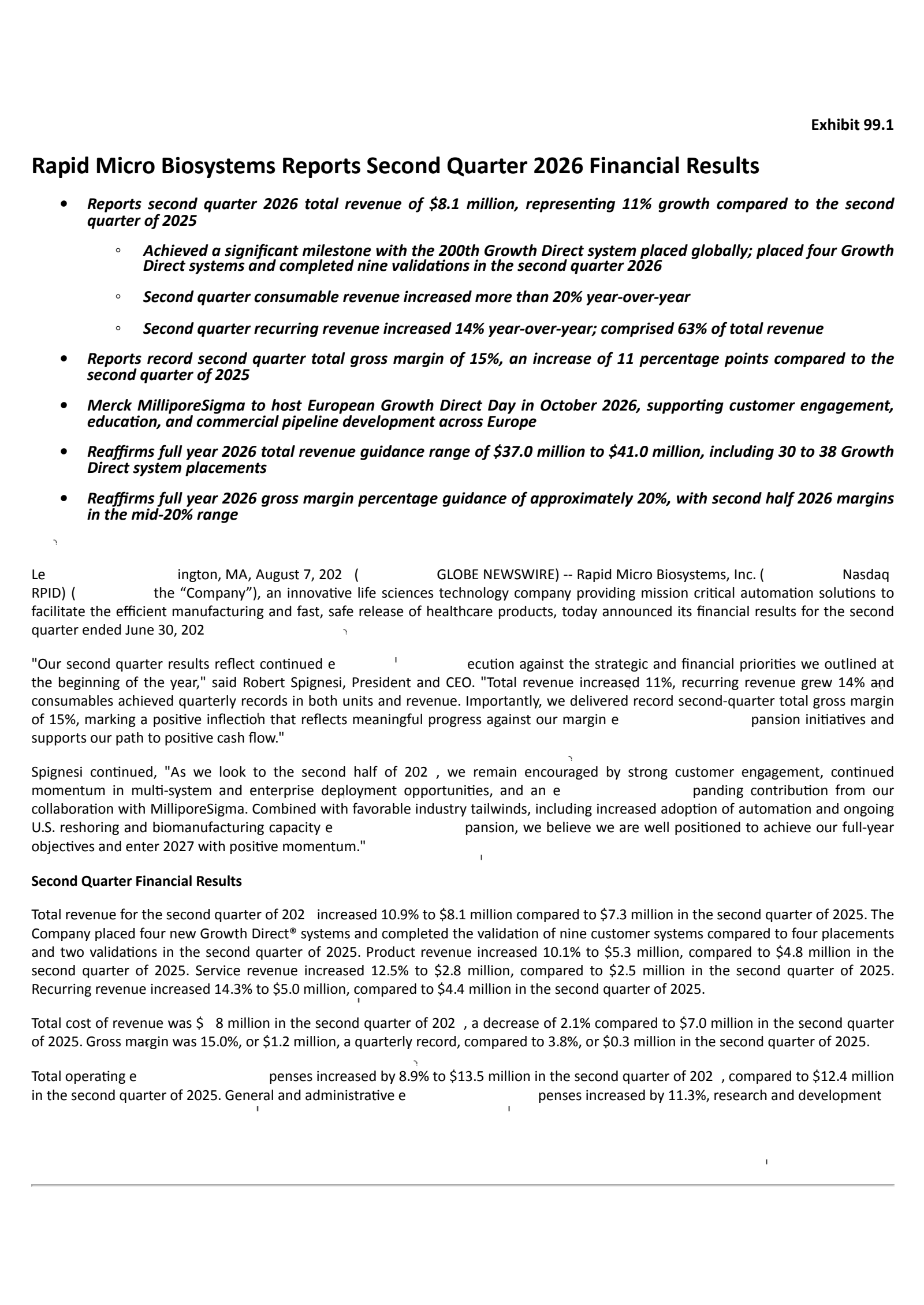 Rapid Micro Biosystems' Q2 2026 Press Release