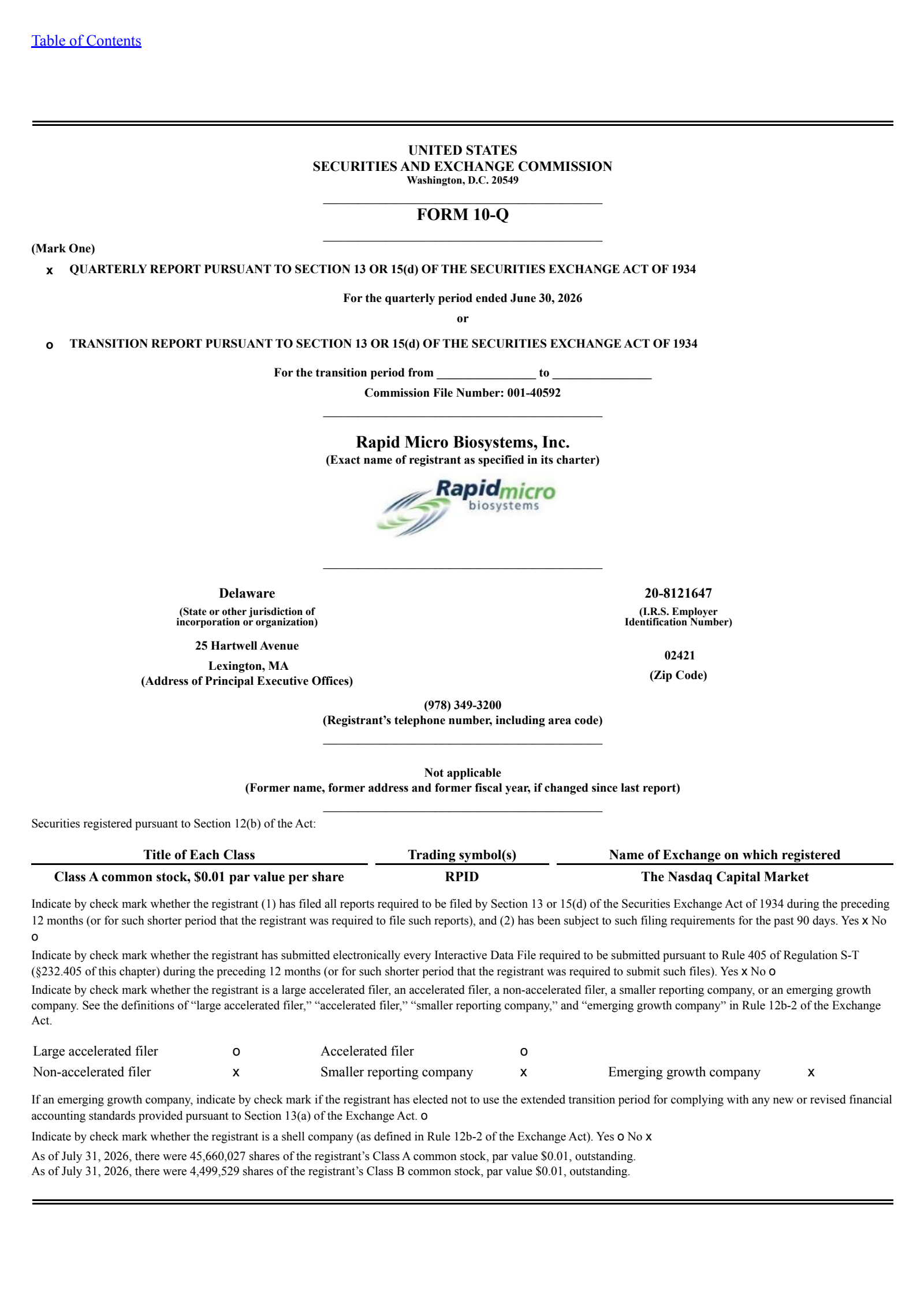 Rapid Micro Biosystems' Q2 2026 Quarterly report