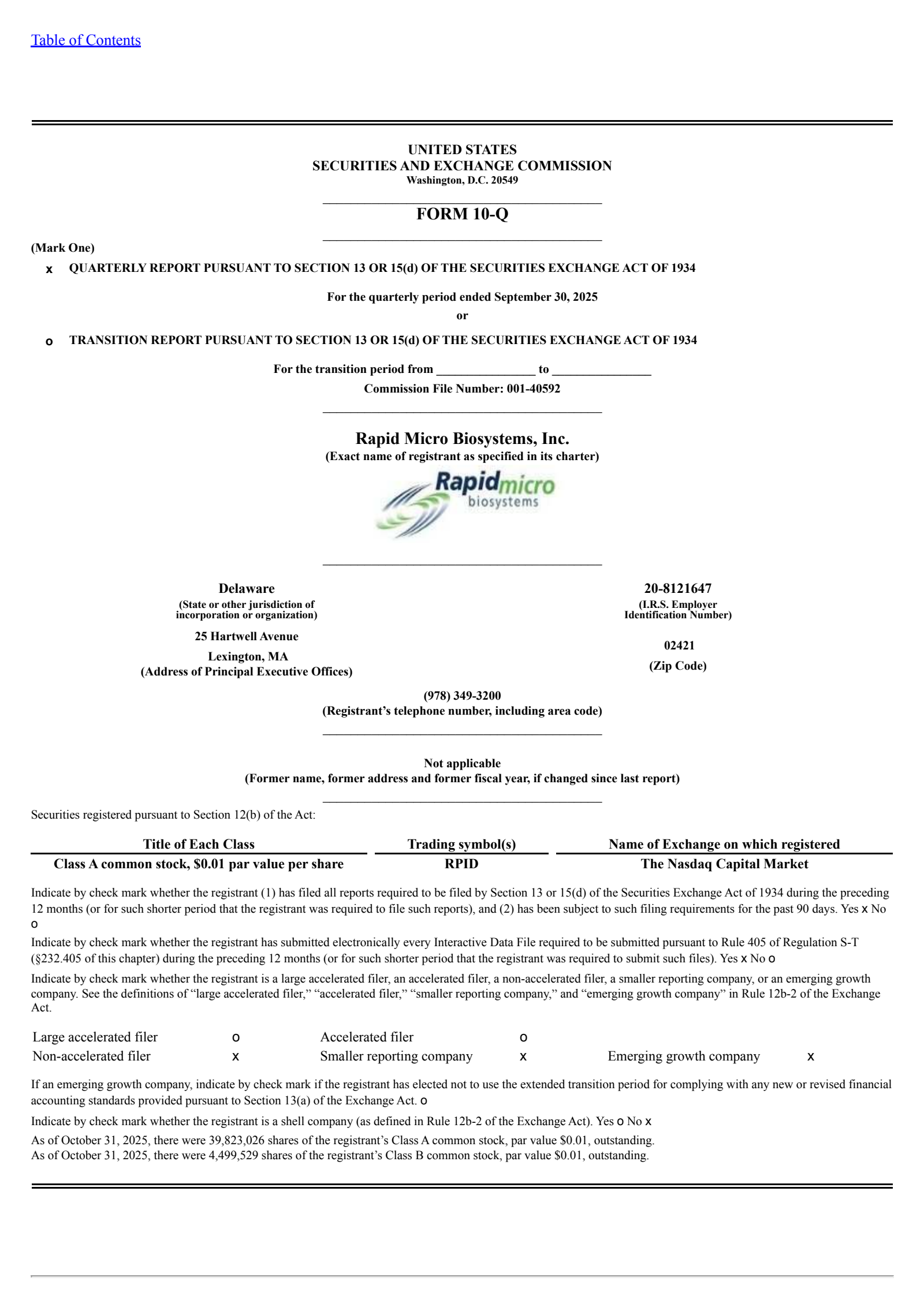 Rapid Micro Biosystems' Q3 2025 Quarterly Report