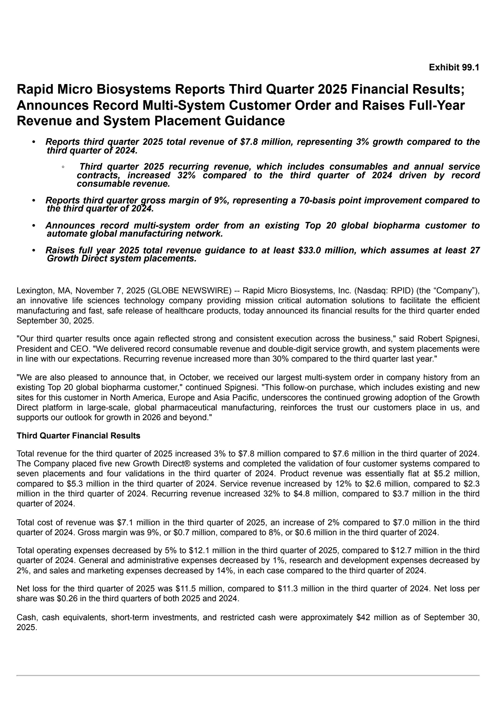 Rapid Micro Biosystems' Q3 2025 Earnings Release
