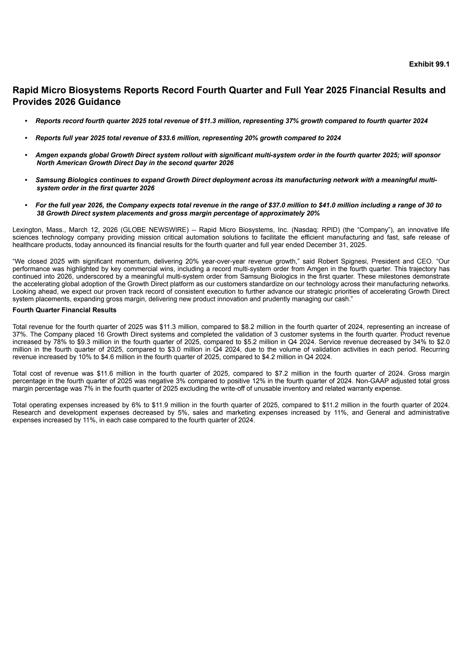 Rapid Micro Biosystems' Q4 2025 Press Release