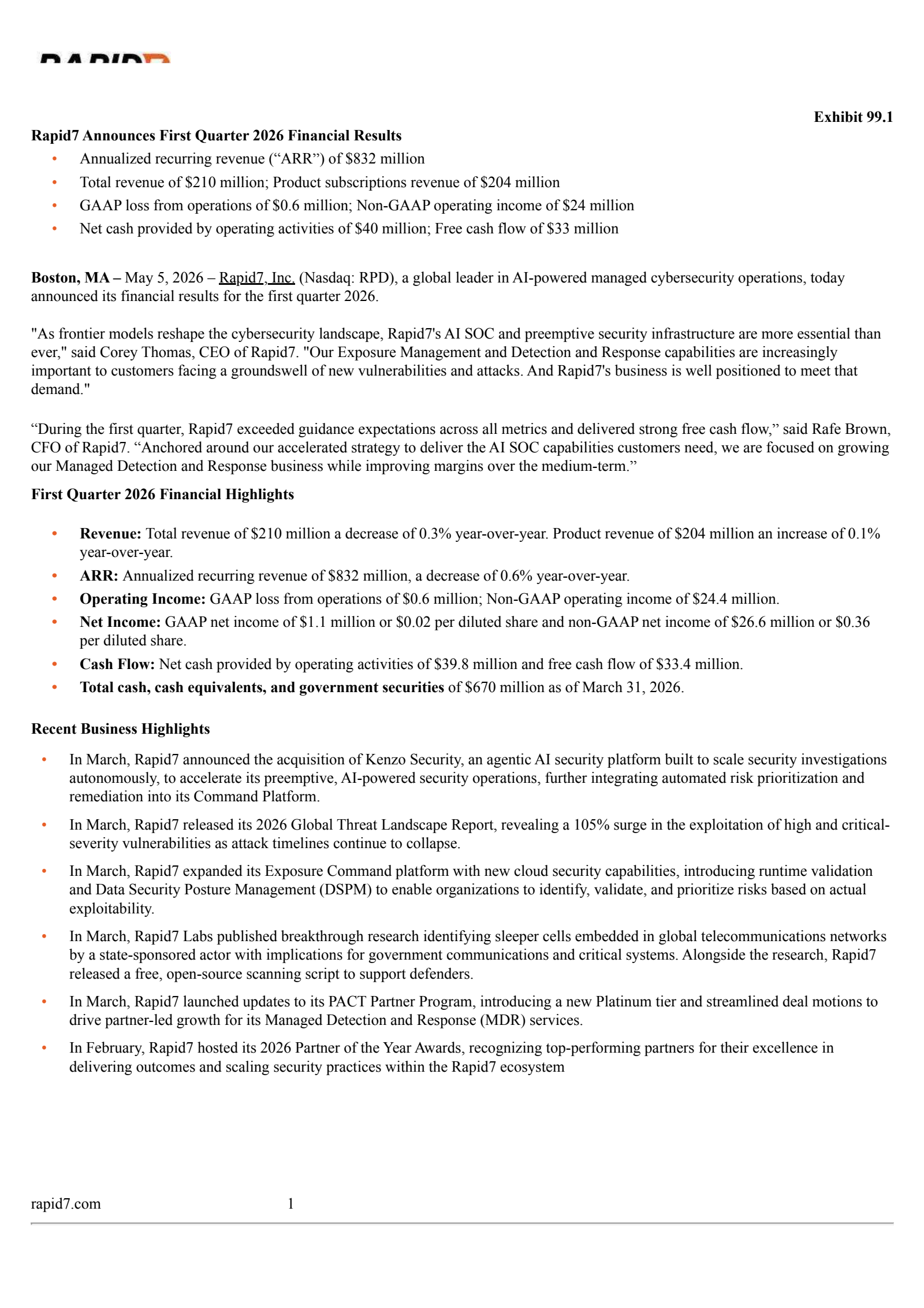 Rapid7's Q1 2026 Press Release