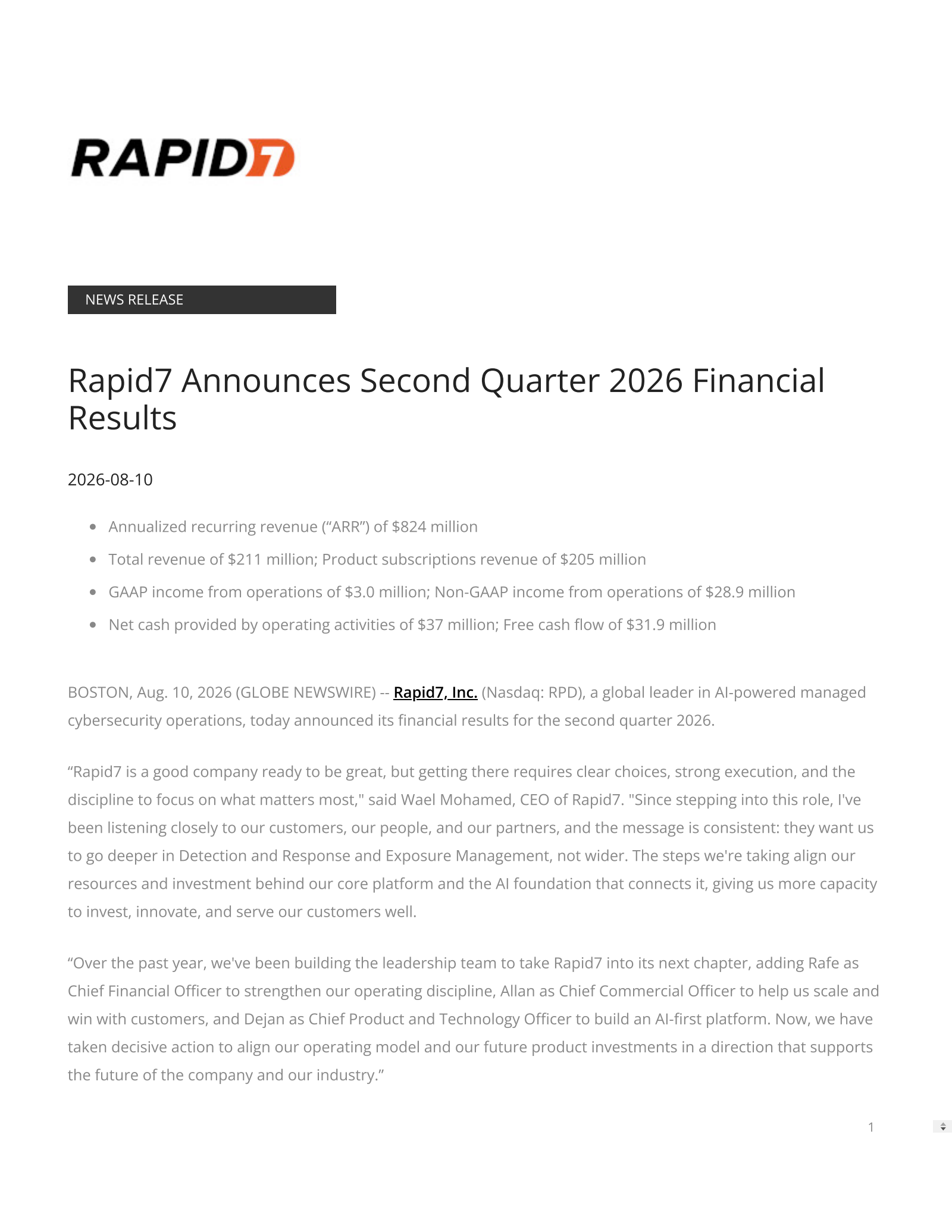 Rapid7's Q2 2026 Press Release