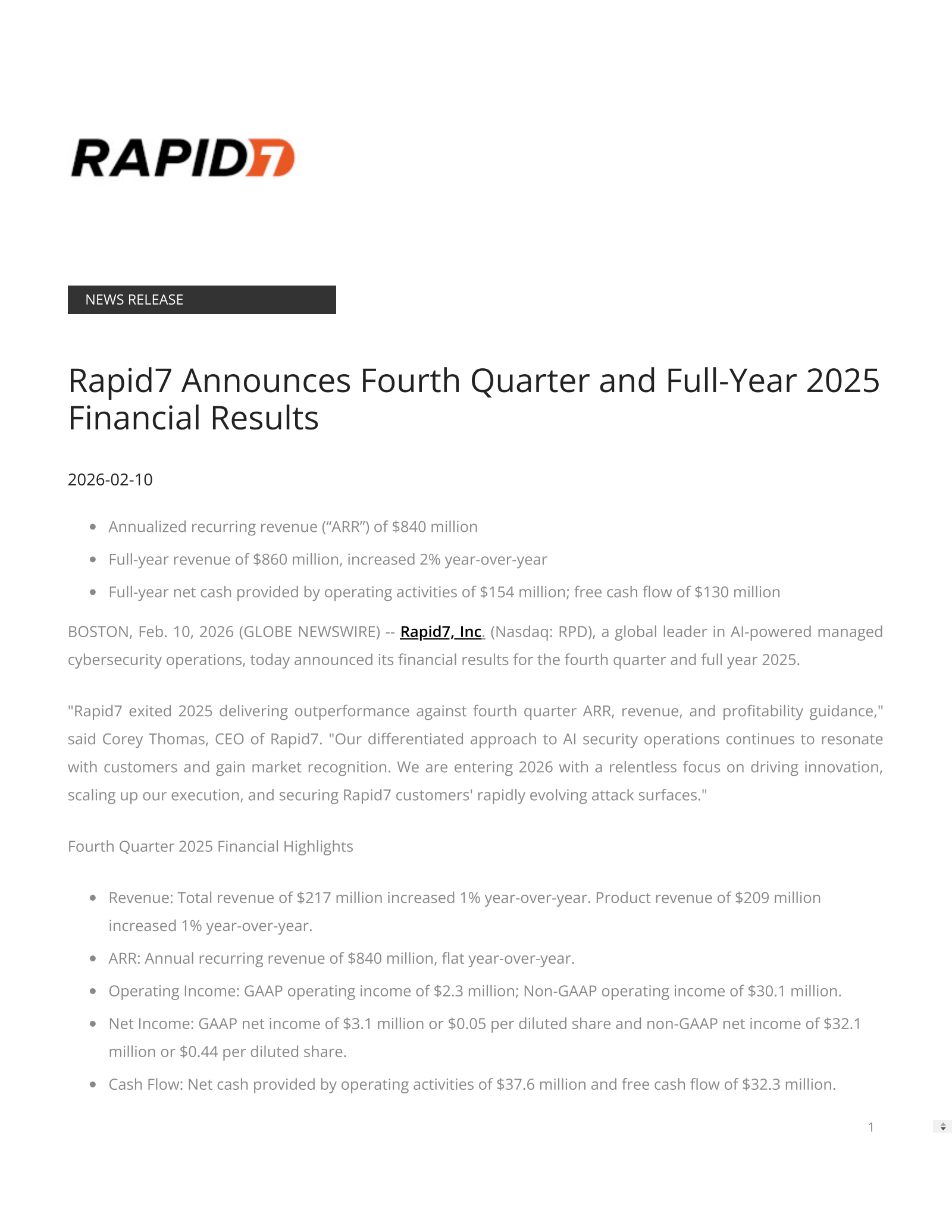 Rapid7's Q4 2025 Press Release