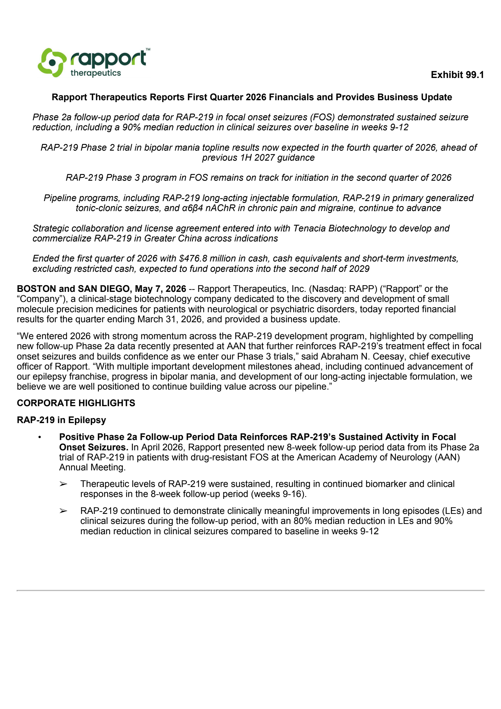 Rapport Therapeutics' Q1 2026 Press Release