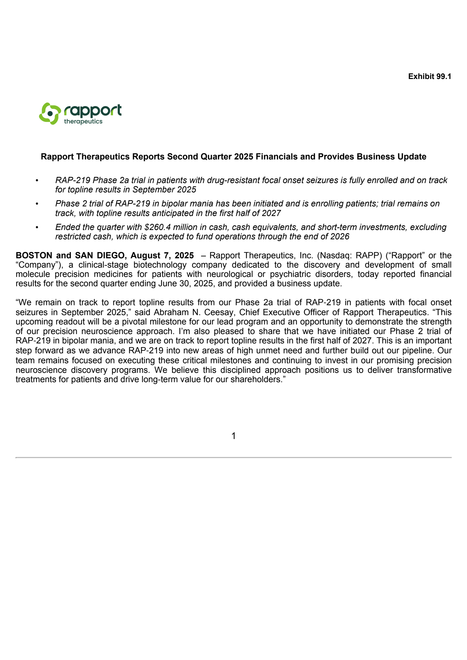 Rapport Therapeutics' Q2 2025 Press Release
