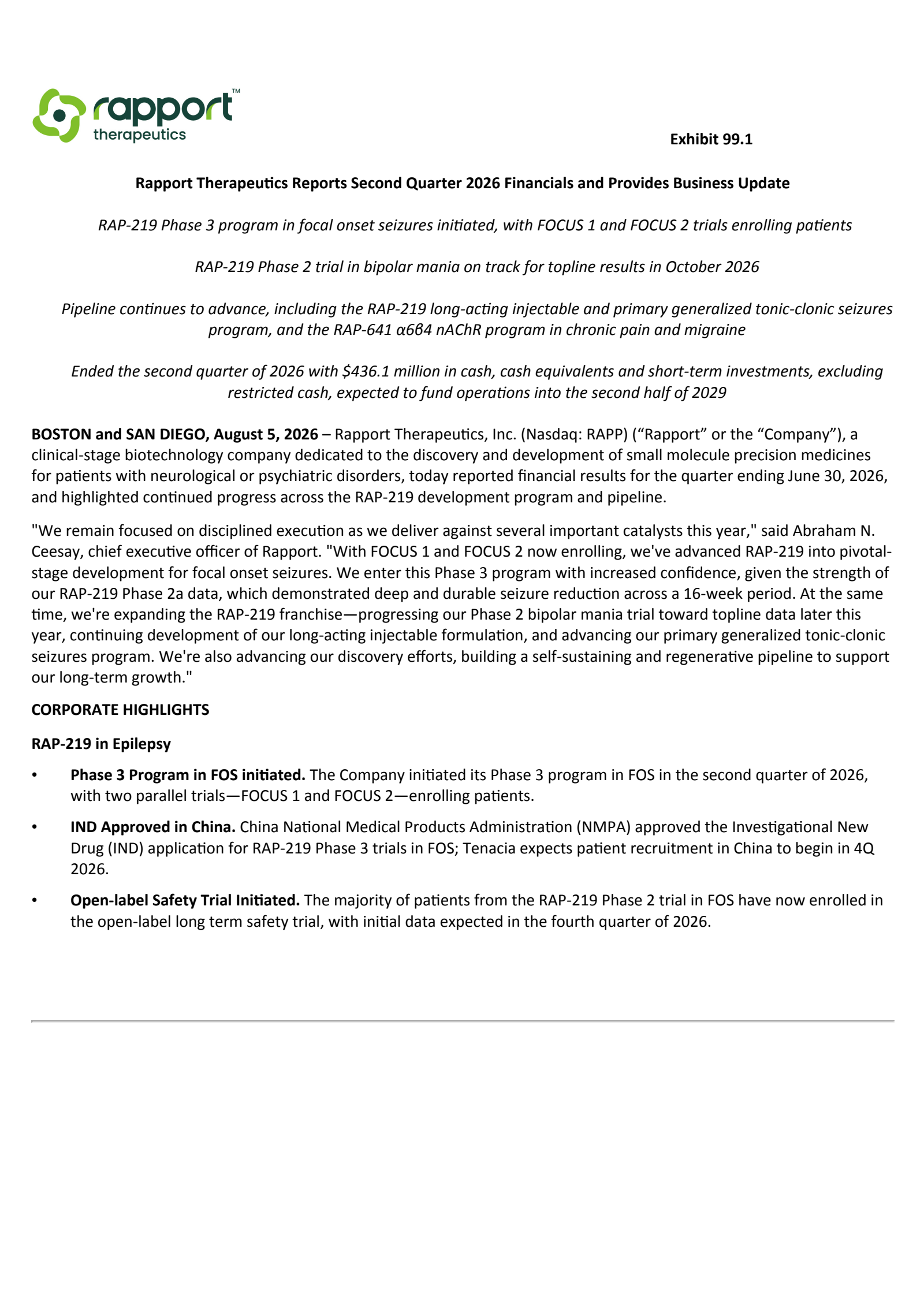 Rapport Therapeutics' Q2 2026 Press Release