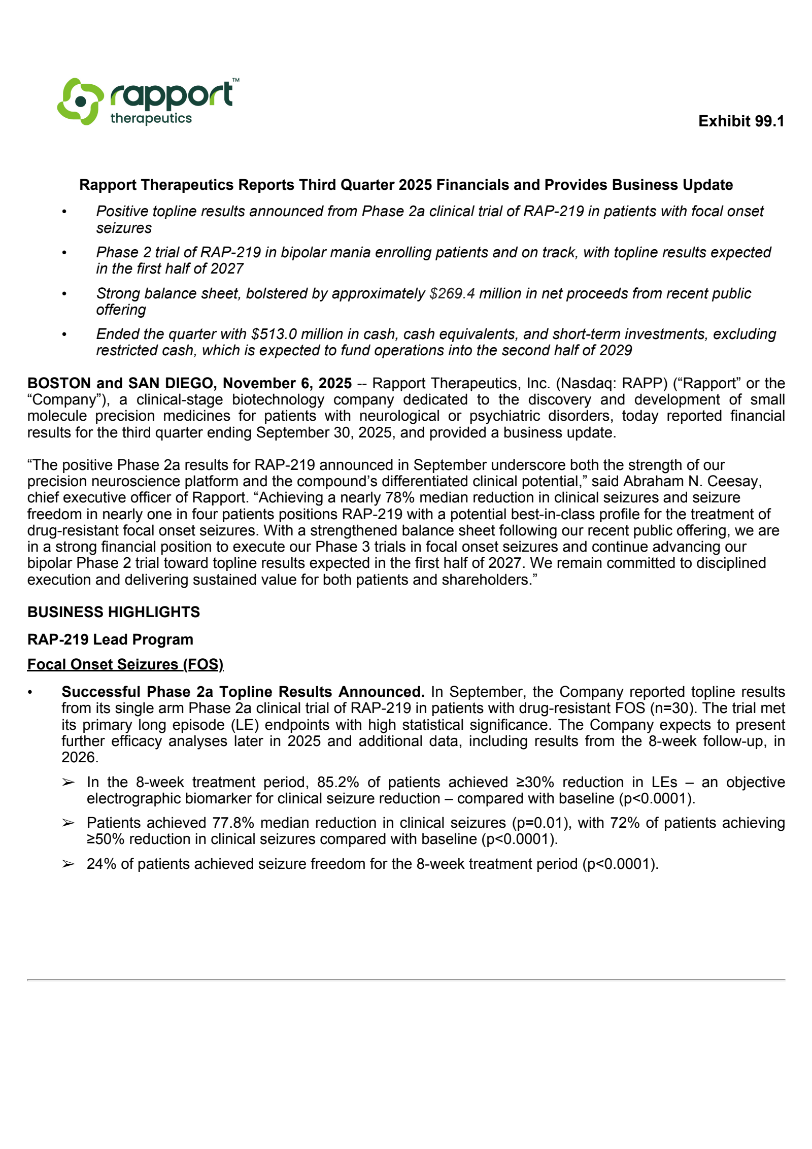 Rapport Therapeutics' Q3 2025 Earnings Release