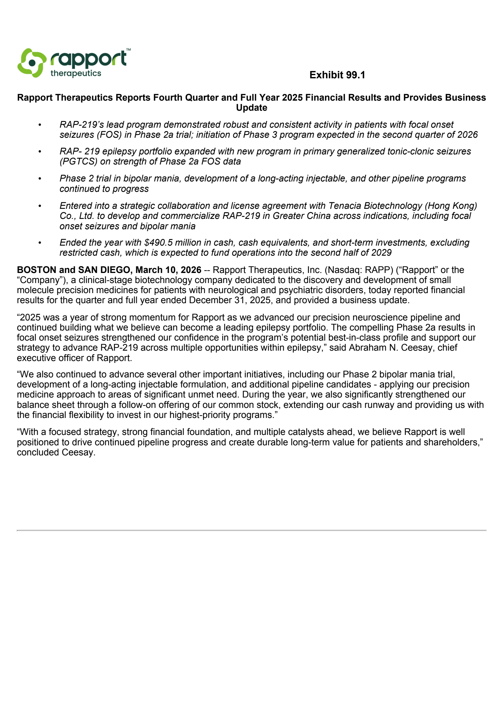 Rapport Therapeutics' Q4 2025 Press Release