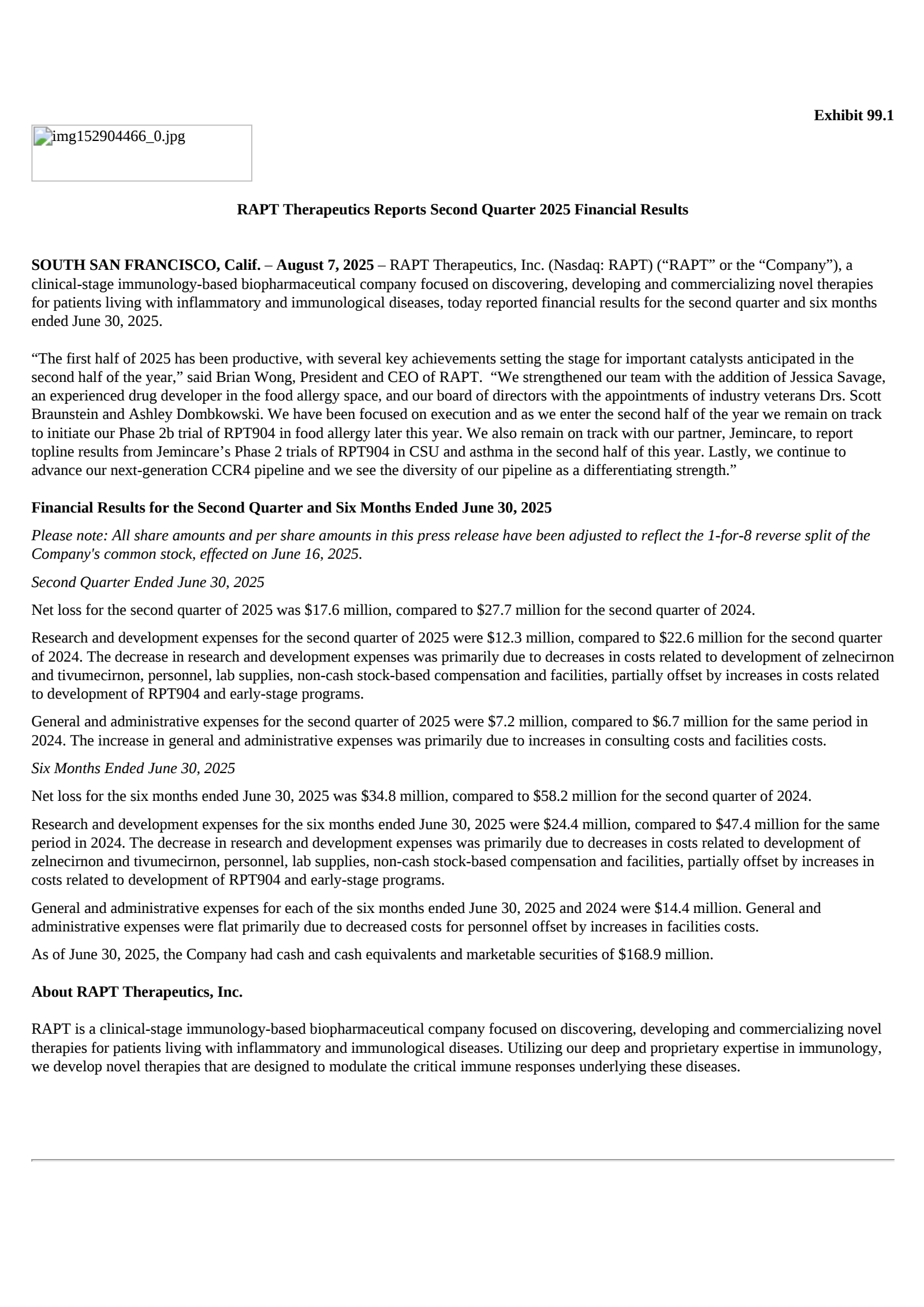 Rapt Therapeutics' Q2 2025 Press Release