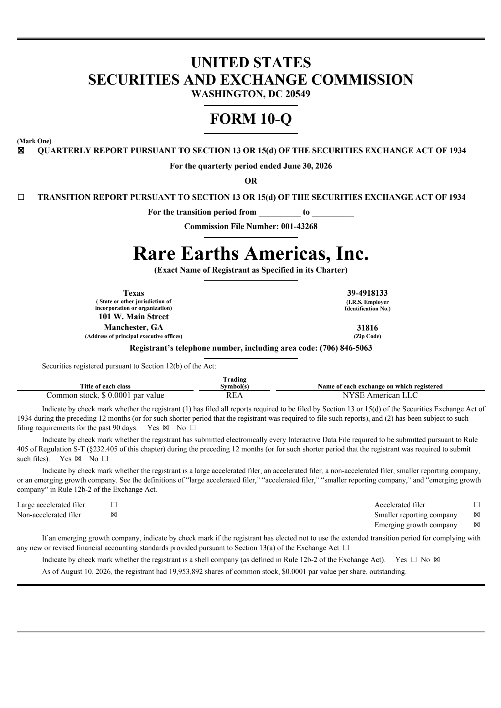 Rare Earths Americas' Q2 2026 Quarterly report