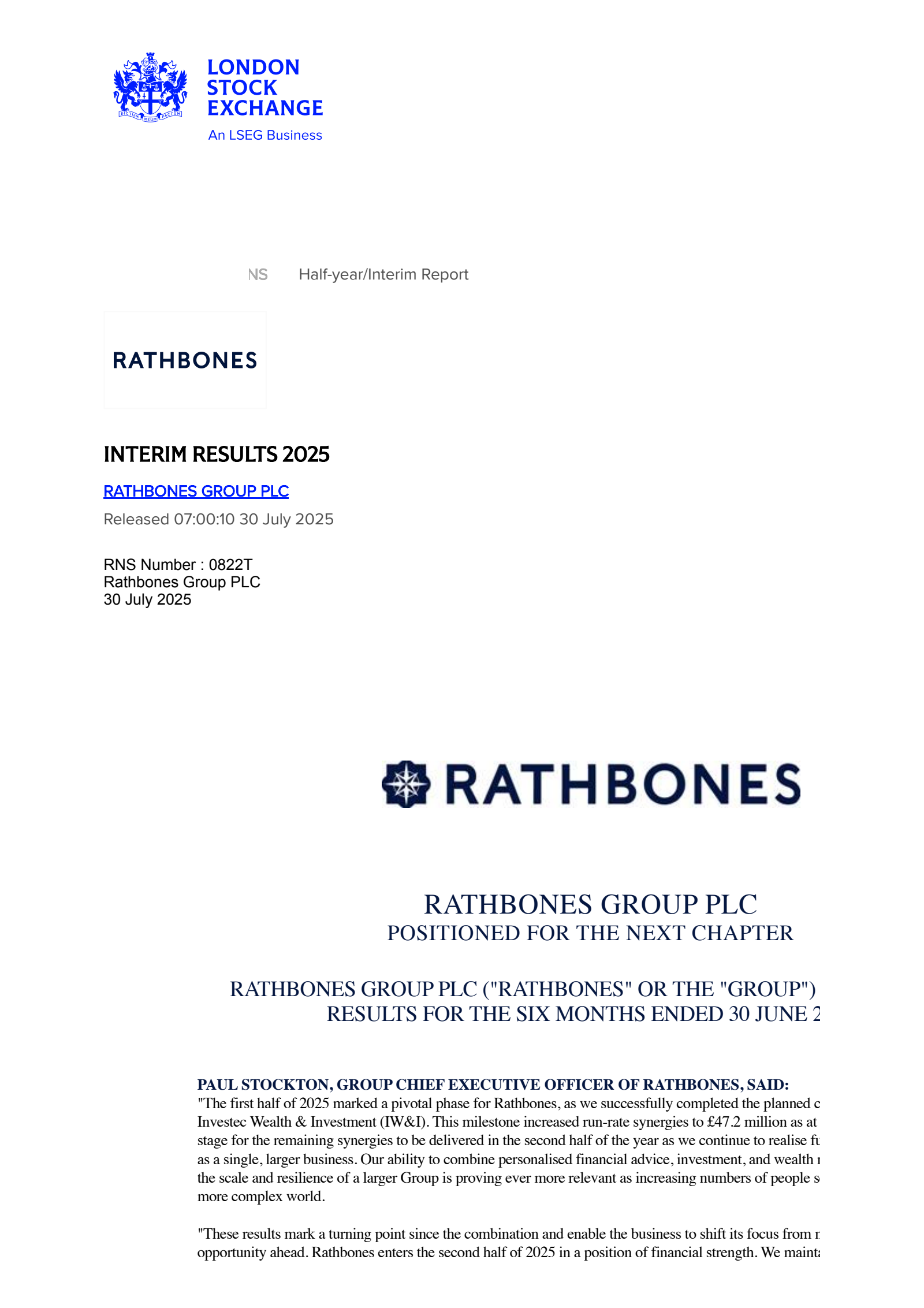 Rathbones Group's H1 2025 Interim report