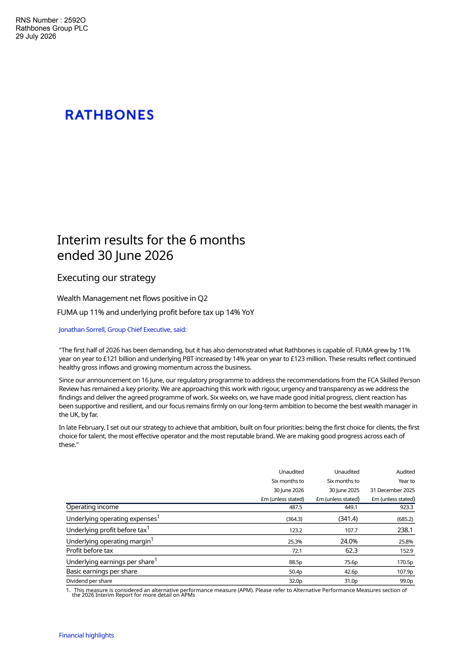 Rathbones Group's H1 2026 Interim report
