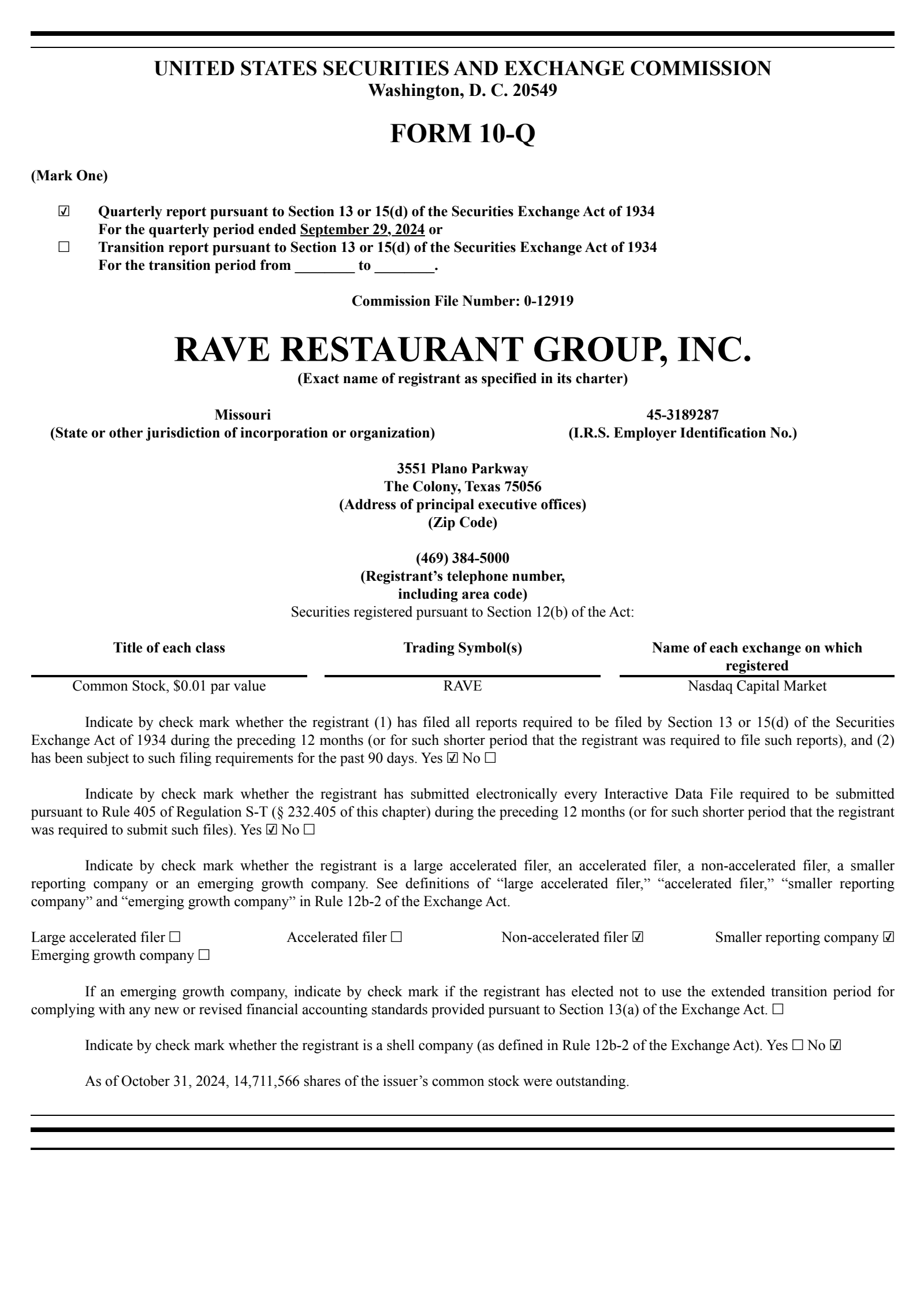 Rave Restaurant Group's Q1 2025 Quarterly report