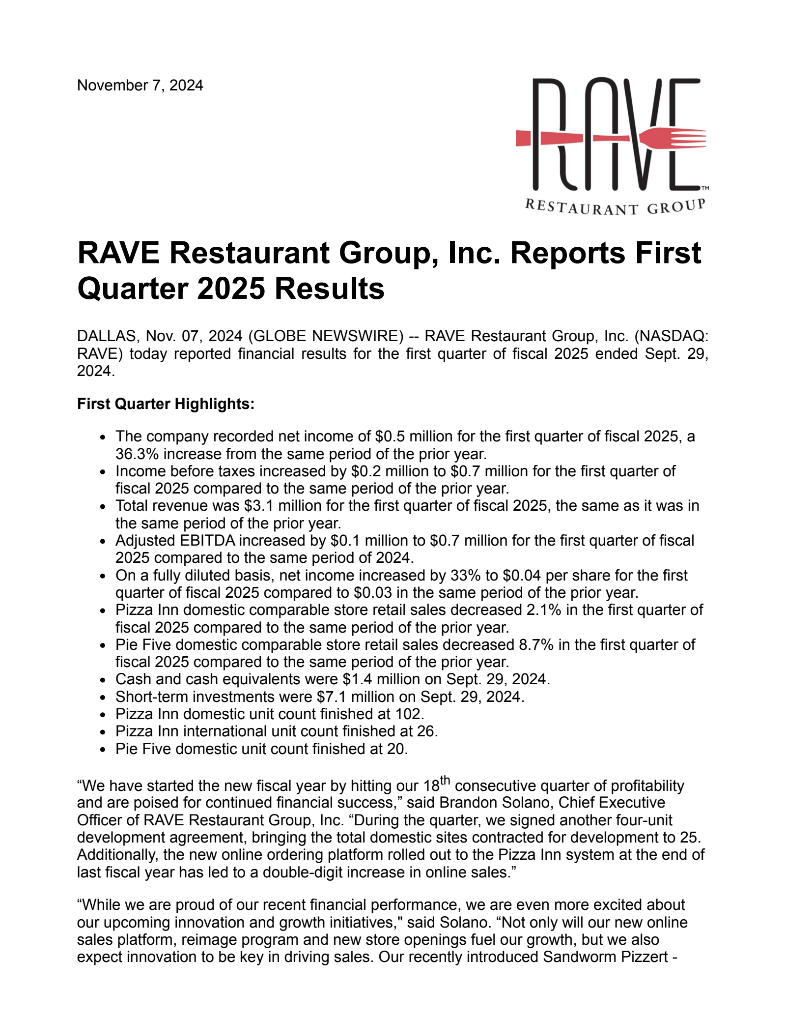 Rave Restaurant Group's Q1 2025 Press Release