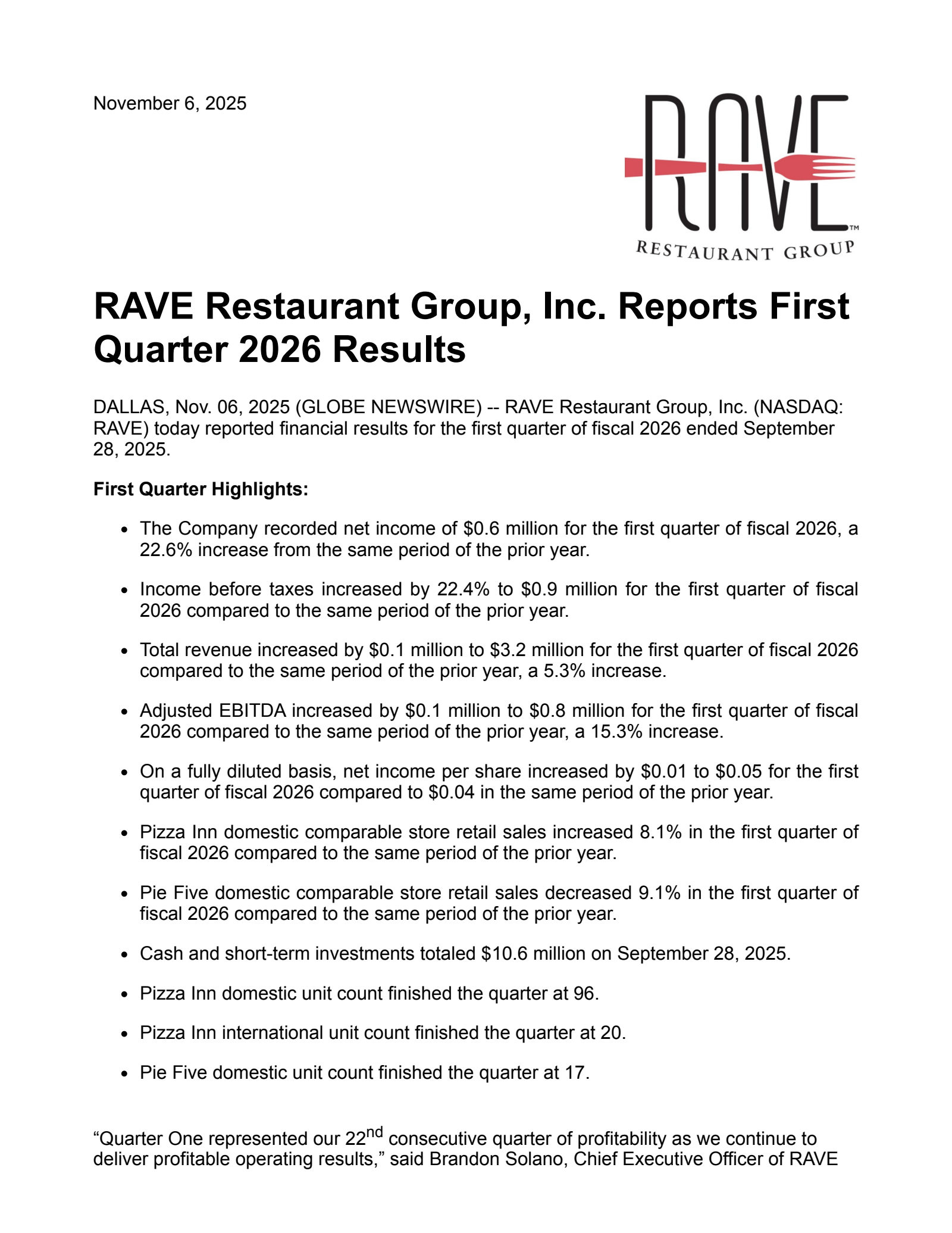 Rave Restaurant Group's Q1 2026 Press Release